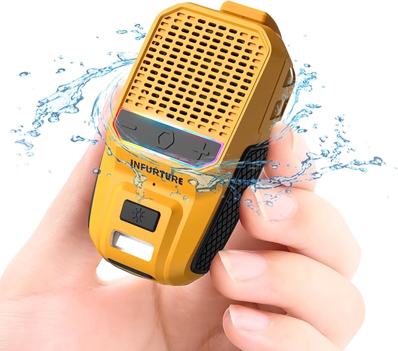 INFURTURE parlante Bluetooth con clip con RGB/linterna, parlante de ducha impermeable portátil parlantes de baño Micrófono de reducción de ruido incorporado para música manos libres/llamadas para el trabajo/equitación/golf/al aire libre