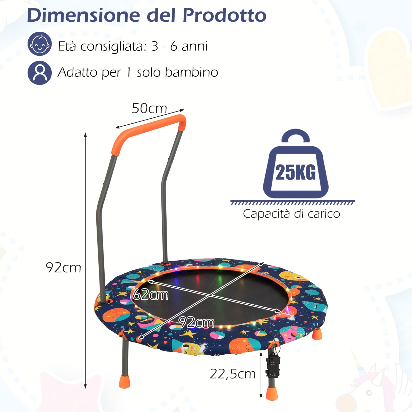 COSTWAY Trampolino per Bambini da Interno ed Esterno, Tappeto Elasctico Bambini 3-6 Anni in Acciaio con Maniglia Rimovibile, Luci LED, Cuscinetti Antiscivolo e Copertura Protettiva