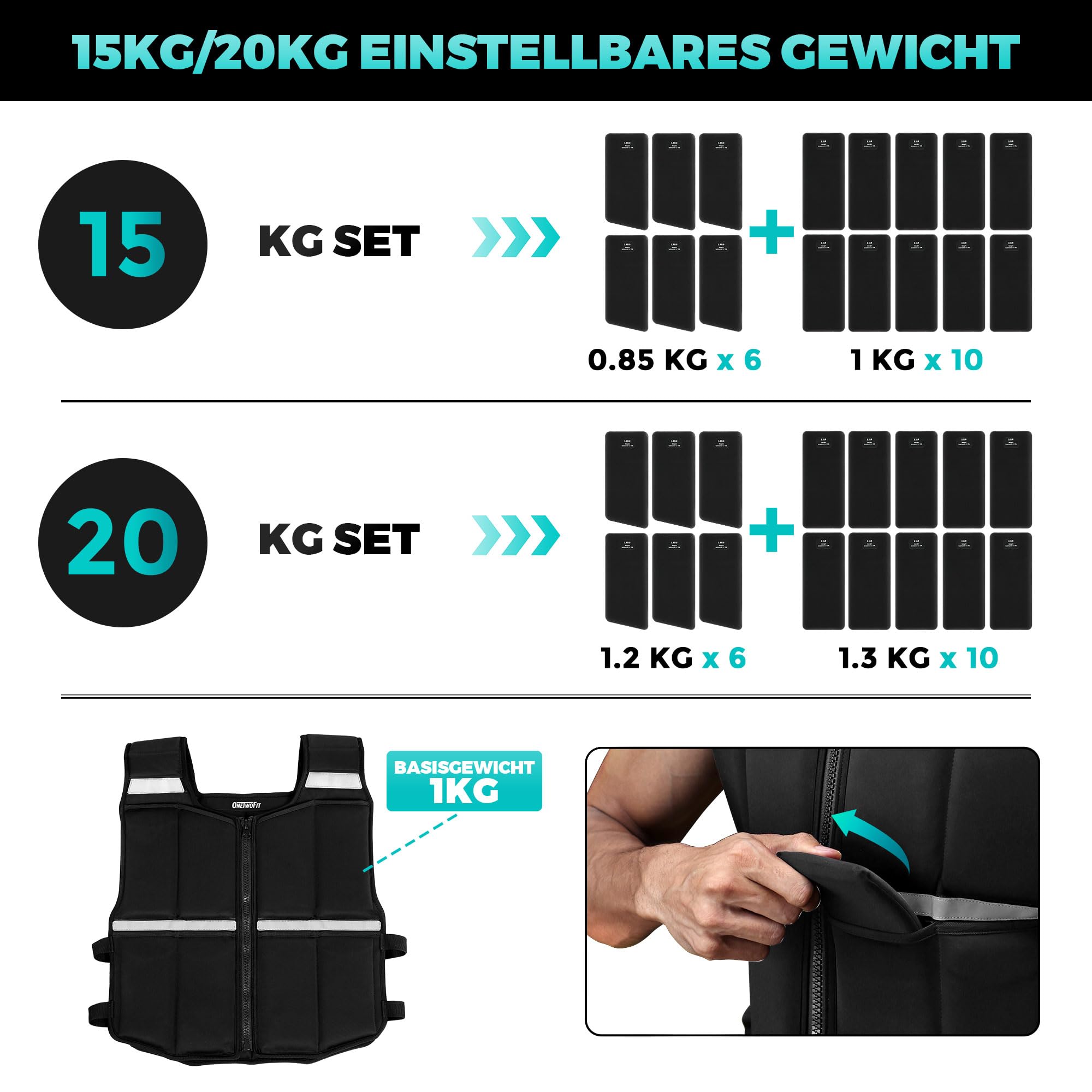 ONETWOFIT Verstellbare Gewichtsweste für Herren 20KG, Rucking-Westen zum Wandern mit Reißverschluss/16 Stück Silikongewichte, Krafttrainingsweste zum Laufen,mit reflektierenden Streifen