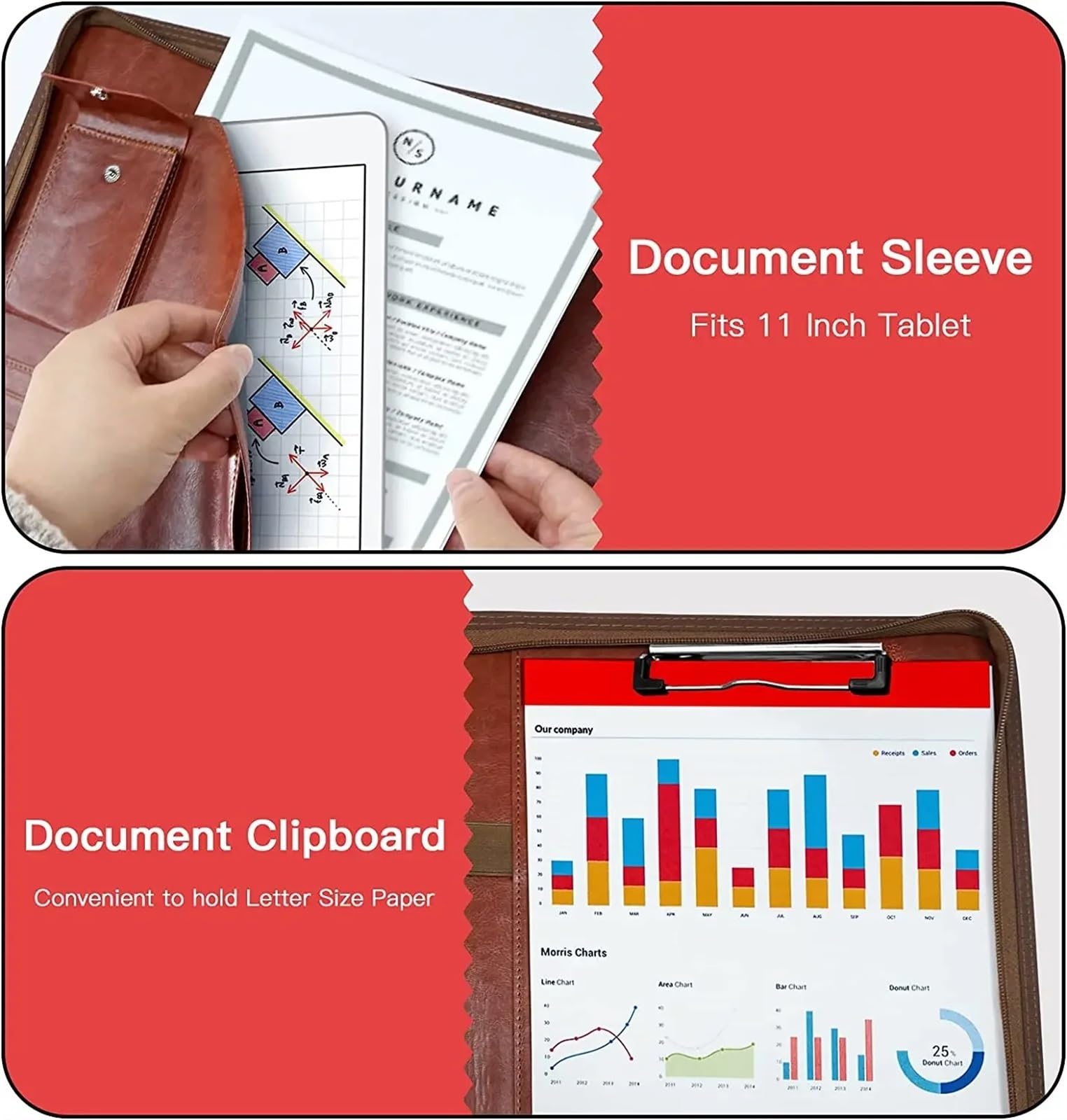 Porte Document Homme Femme Conférencier multifonctionnel A4, classeur de papeterie d'entreprise, classeur de contrats en cuir, organisateur à fermeture éclair, porte-cartes Porte Documents(Yellow-Brow