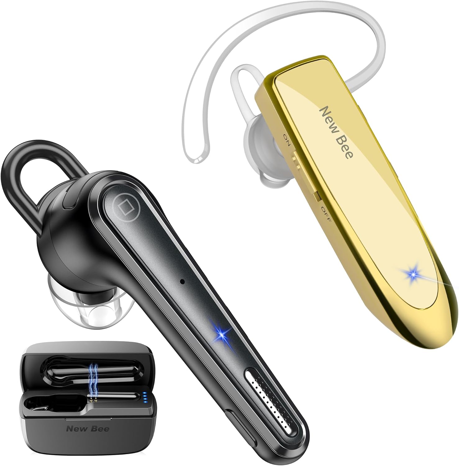 New bee Bluetooth Headset B41 Gold & Bluetooth Headset M52 V5.1 with 500mah Charging Case