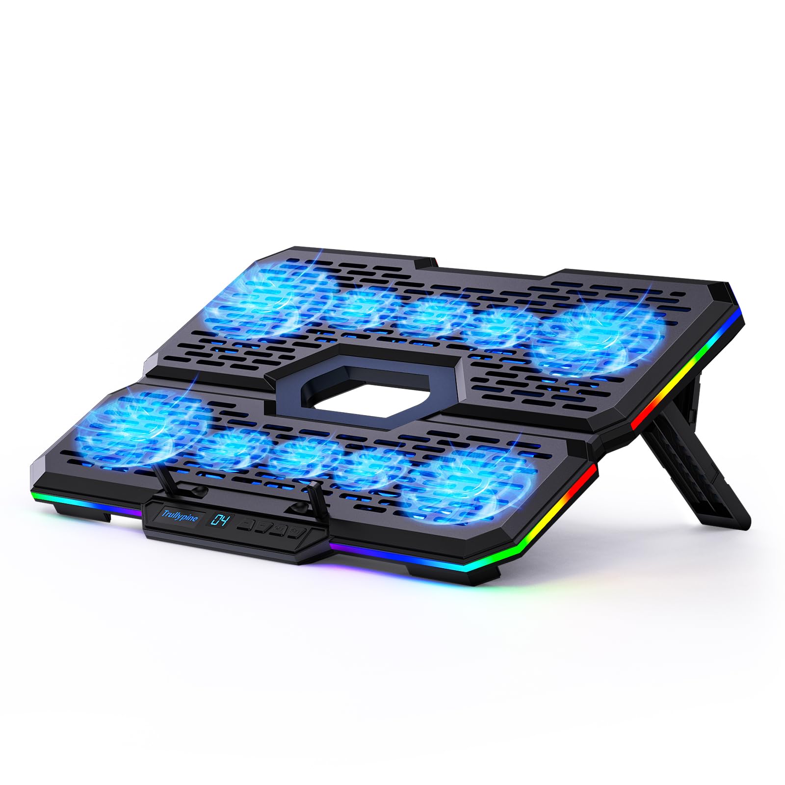 RGB Laptop Kühler mit 10 leisen Laptop Lüfter, 7 Fach verstellbar, USB-A/C, Handyhalterung, passend für 12–18,1 Zoll Laptops