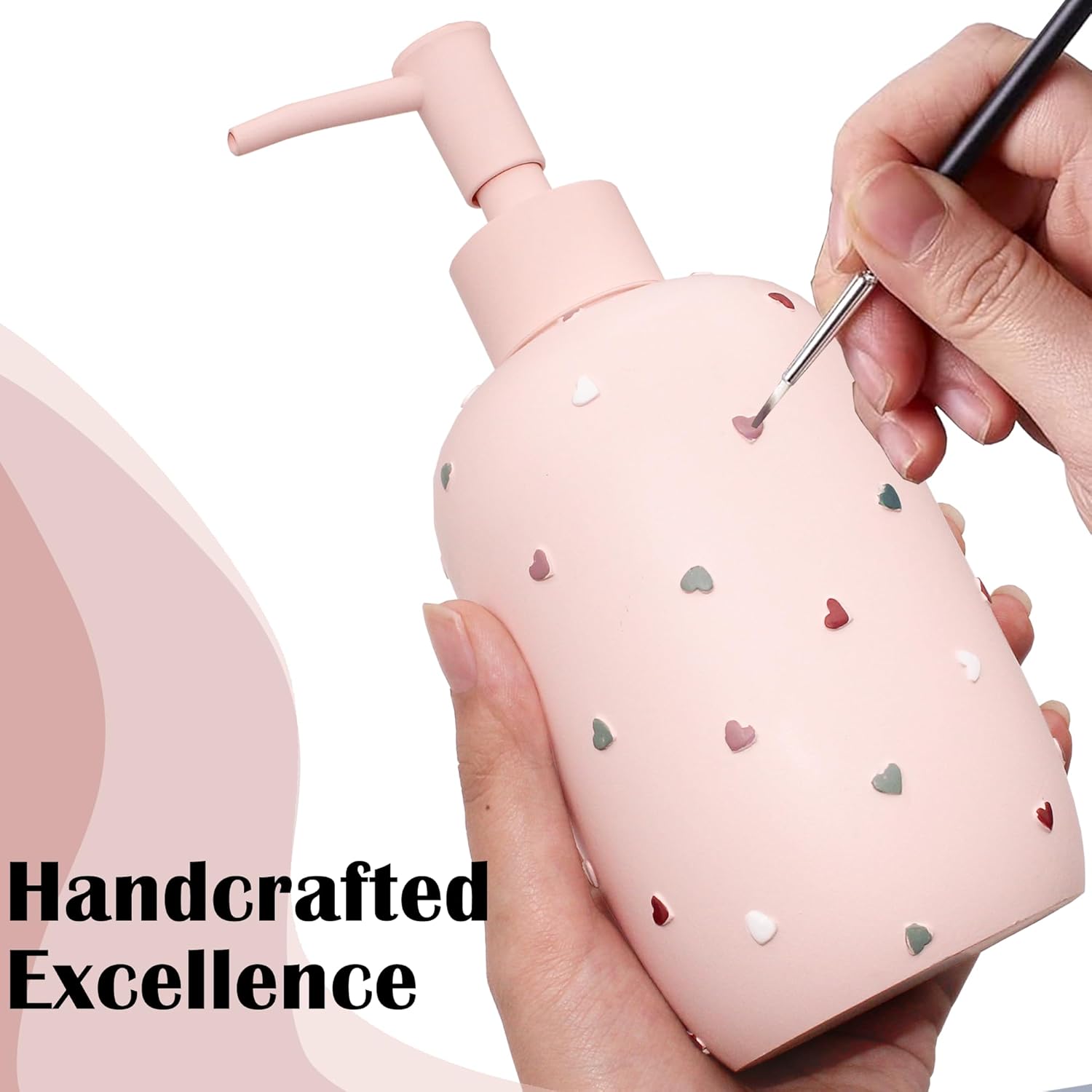 Bathroom Accessories Sets 4-Piece, Premium Pastel Heart Bathroom Accessory Complete Set - Toothbrush Holder, Lotion Soap Dispenser, Vanity Tray, Bathroom Tumbler for Countertop Vanity (Pink)