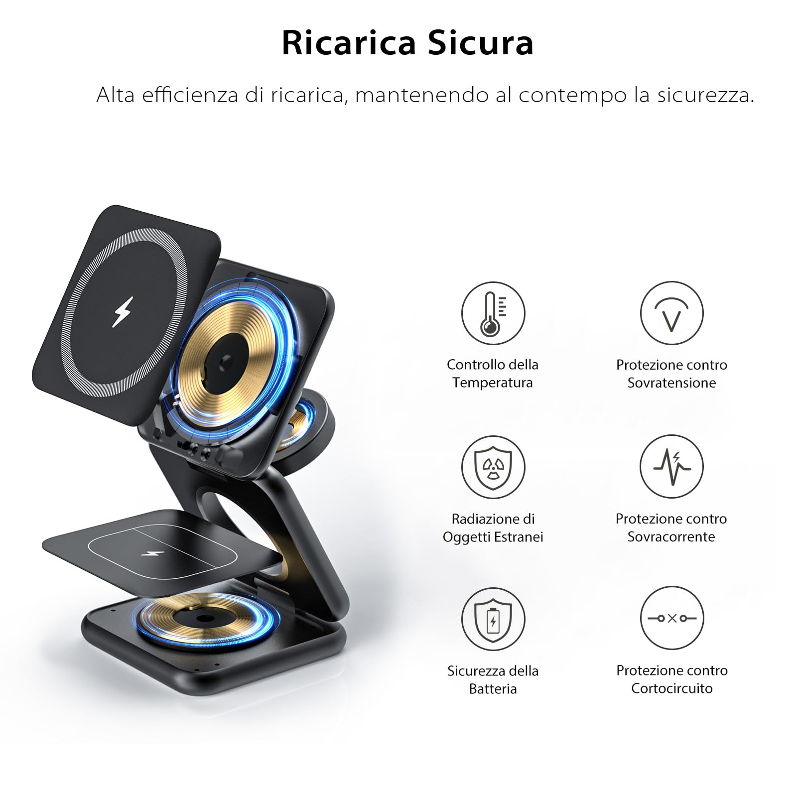 KU XIU X40 Caricatore Wireless Magnetico, Stazione di Ricarica Pieghevole 3-in-1 per iPhone 16/15/14/13/12, 5W per Apple Watch 10/9/Ultra/SE/8/7/6/5/4 - Nero
