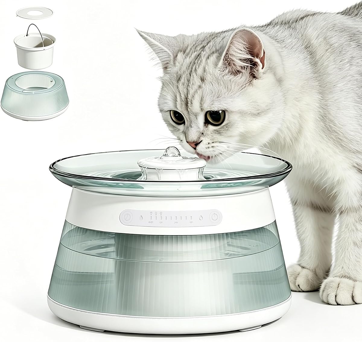 2.5L/85oz Smart Glass Cat Water Fountain, Automatic Filterless Pet Fountain with Dual Tank Separation System, 3 Smart Modes for Cats, Multiple Pets