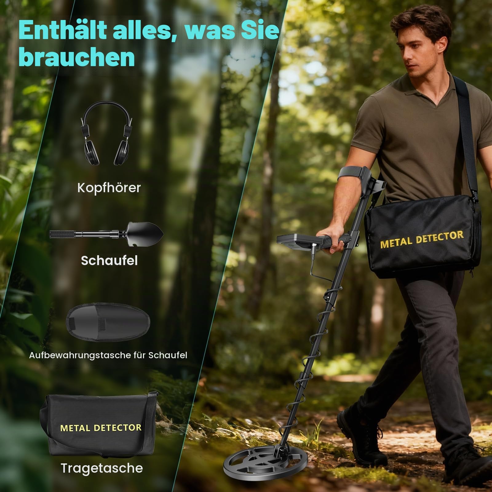 Metalldetektor Profi Set, 5 Modi Leicht Gold Detektor für Kinder und Erwachsene mit Pinpoint Modus, Speichermodus, Wasserdicht Spule, Hochpräzisions, Metal Detector Kit mit Digger Schaufel