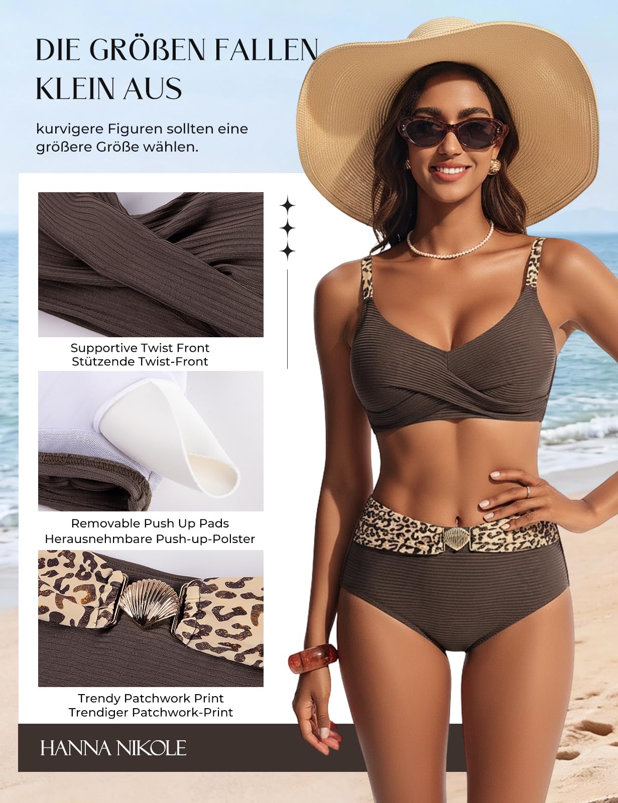 Hanna Nikole Damen Bikini Sets, Badeanzug Damen Bauchweg,Textured High Waist Bikinis Sets,Push up Bikini Oberteil mit Retro Bikinihose,2 Teiliger Badeanzug mit Twist Farbblock Design