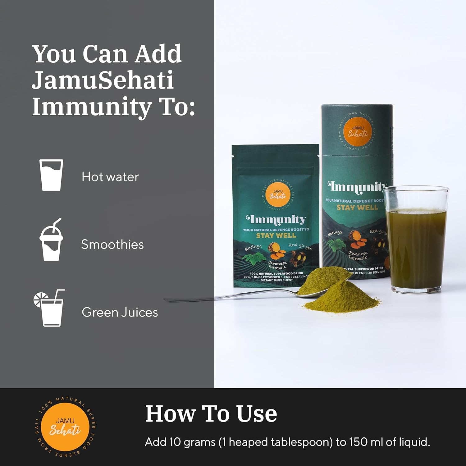 JAMUSEHATI, Jamu Immunity Drink Mix, Natural Superfoods Blend from Bali, Containing Javanese Turmeric, Red Ginger, Moringa and Matcha, Cylinder (300g)