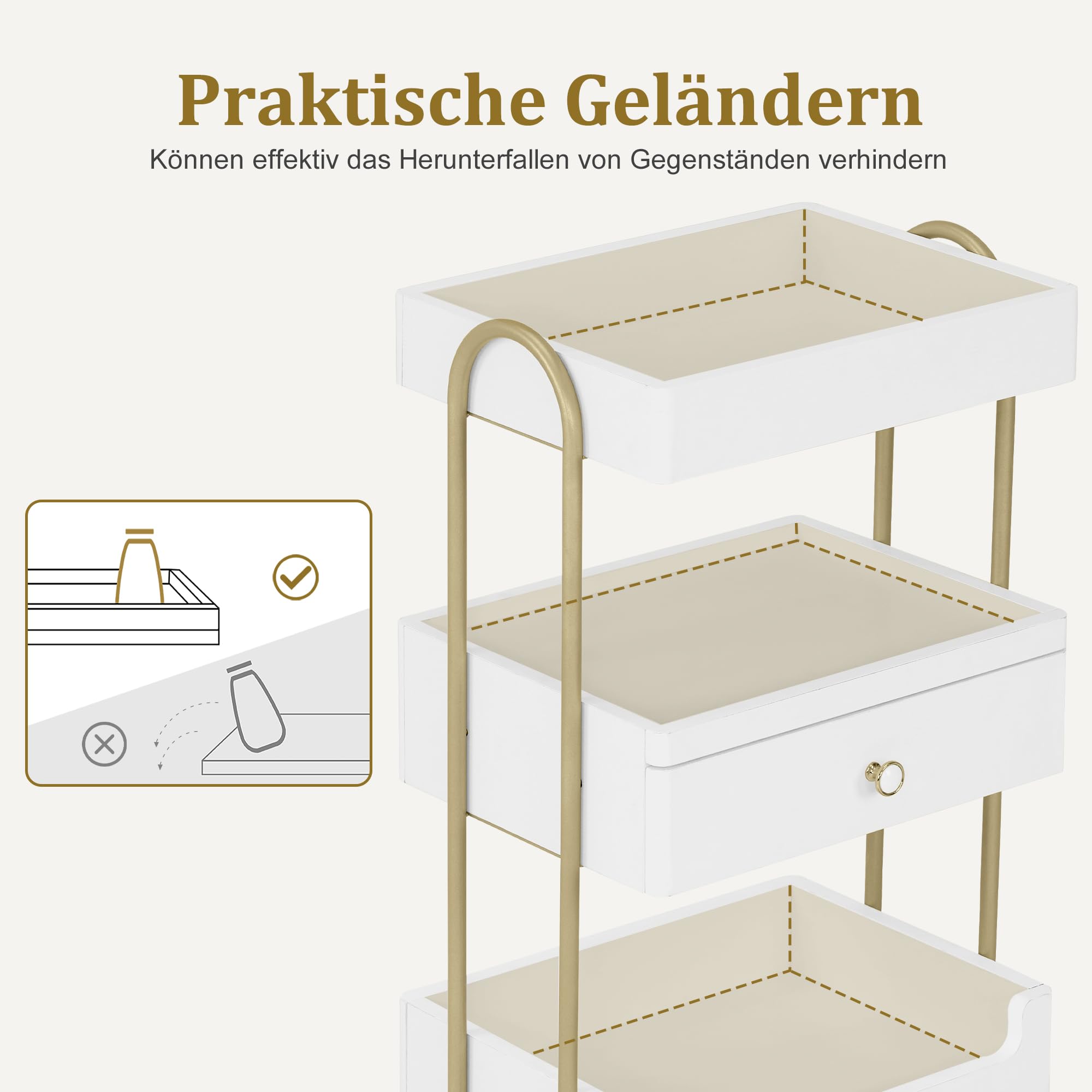 Barberpub Servierwagen mit Rollen & Schublade, Rollwagen Friseurwagen Weiß-Gold, Salon Trolley 3 Ablagen, 37x51x87cm