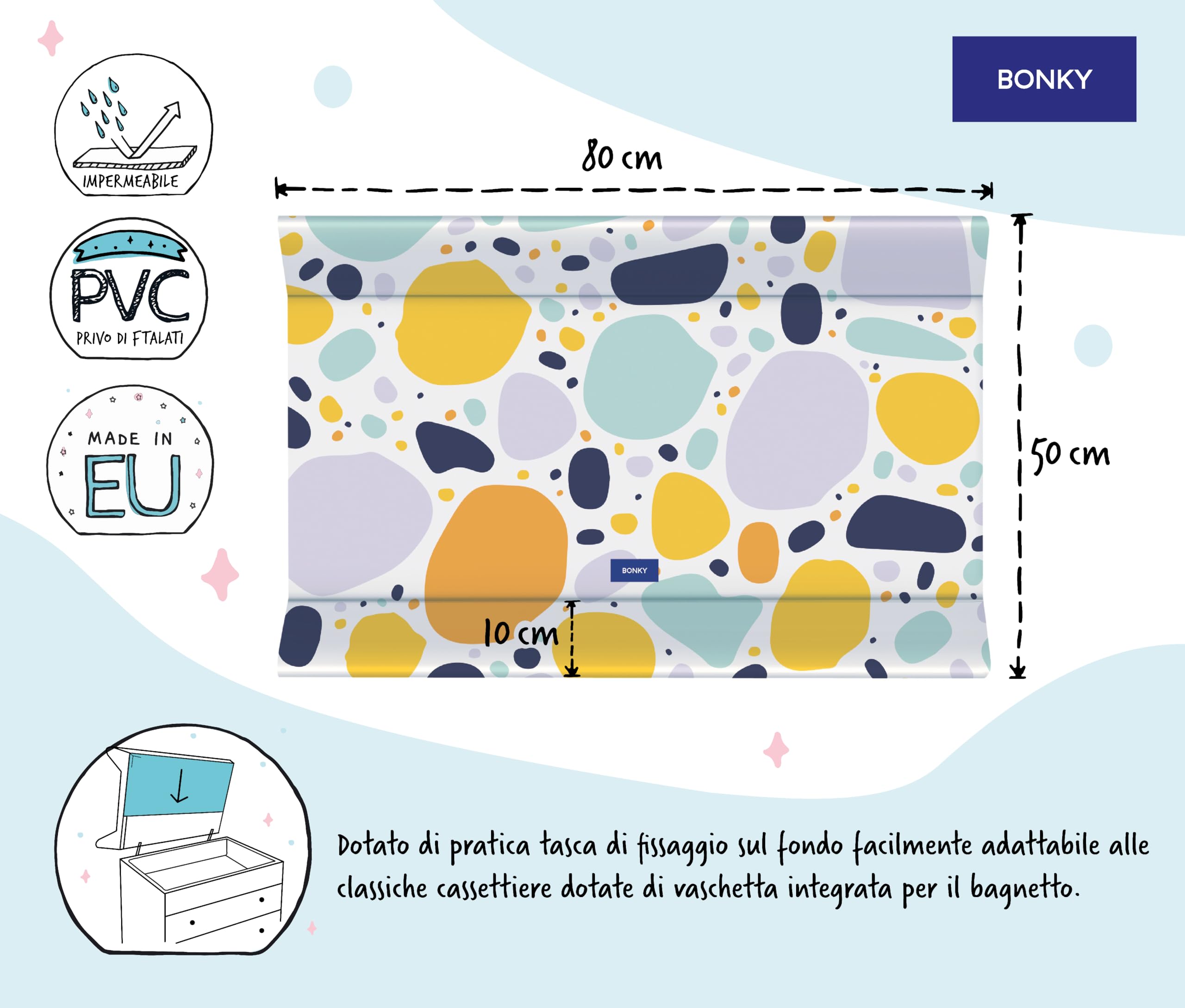 Bonky® Materassino Fasciatoio 80x50 cm con Bordo Rialzato – Fasciatoio Neonato Morbido e Impermeabile, Certificato Öko-Tex, Cuscino Lavabile per Bambini e Bambine - Puntini colorati