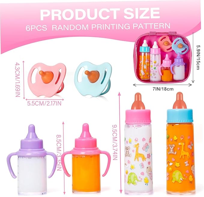 fash n kolor®, My Sweet Baby Disappearing Doll Feeding Set | Baby Care 6 Piece Doll Feeding Set for Toy Stroller | 2 Milk & Juice Bottles with Toy Pacifier for Baby Doll,