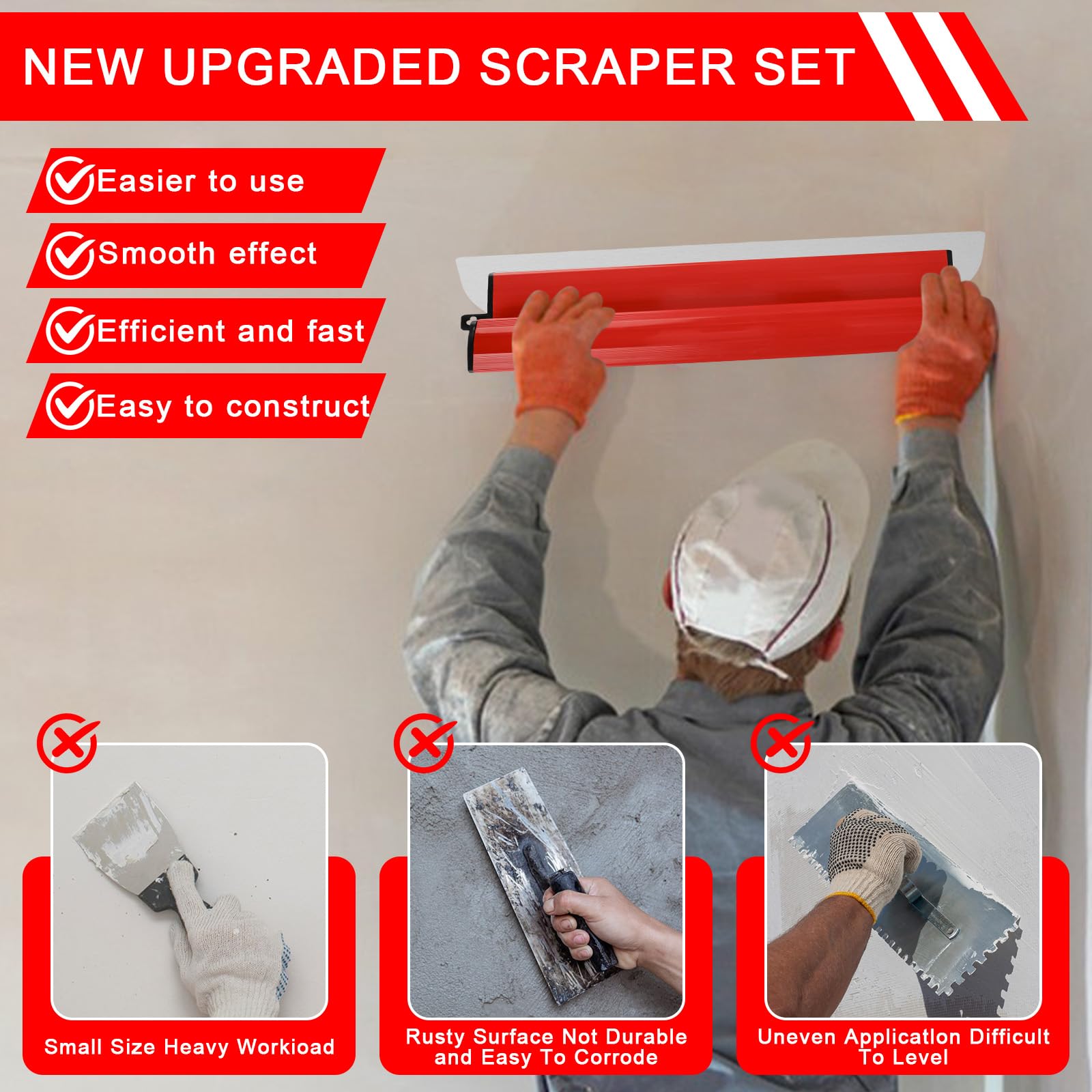 Set di spatole 40 cm, lame in acciaio inox, manici Z e prolunga 1,2 m, per cartongesso, decorazione e grandi aree di lavoro