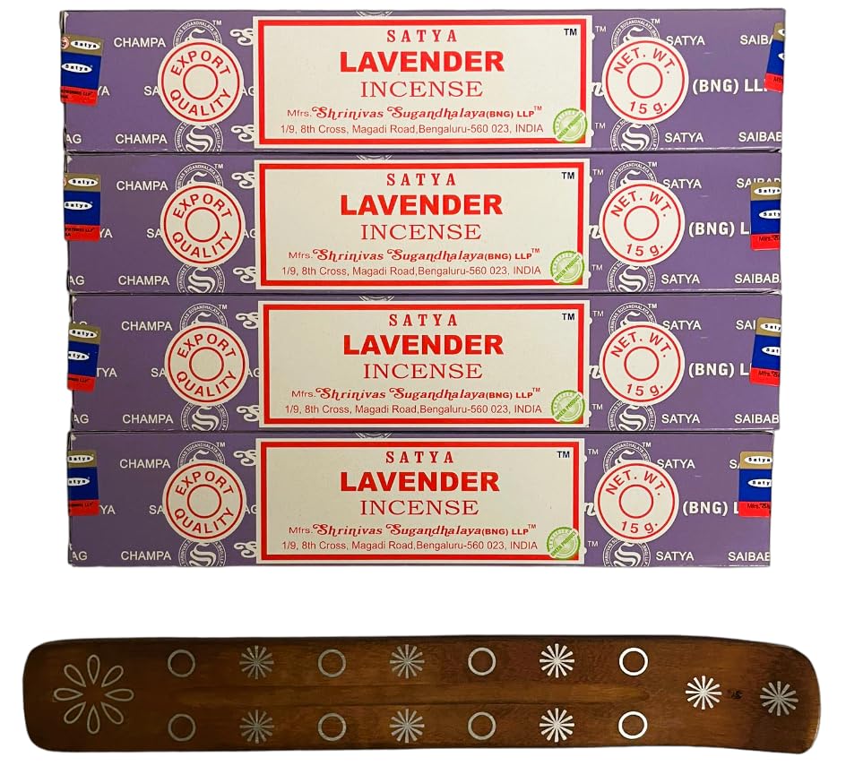 Original Satya Nag Champa Incense Sticks | with AMD Nexus Incense Sticks Holder | x4 pack | for Aromatherapy, Spa, Yoga, Meditation and Relaxation (Lavender)