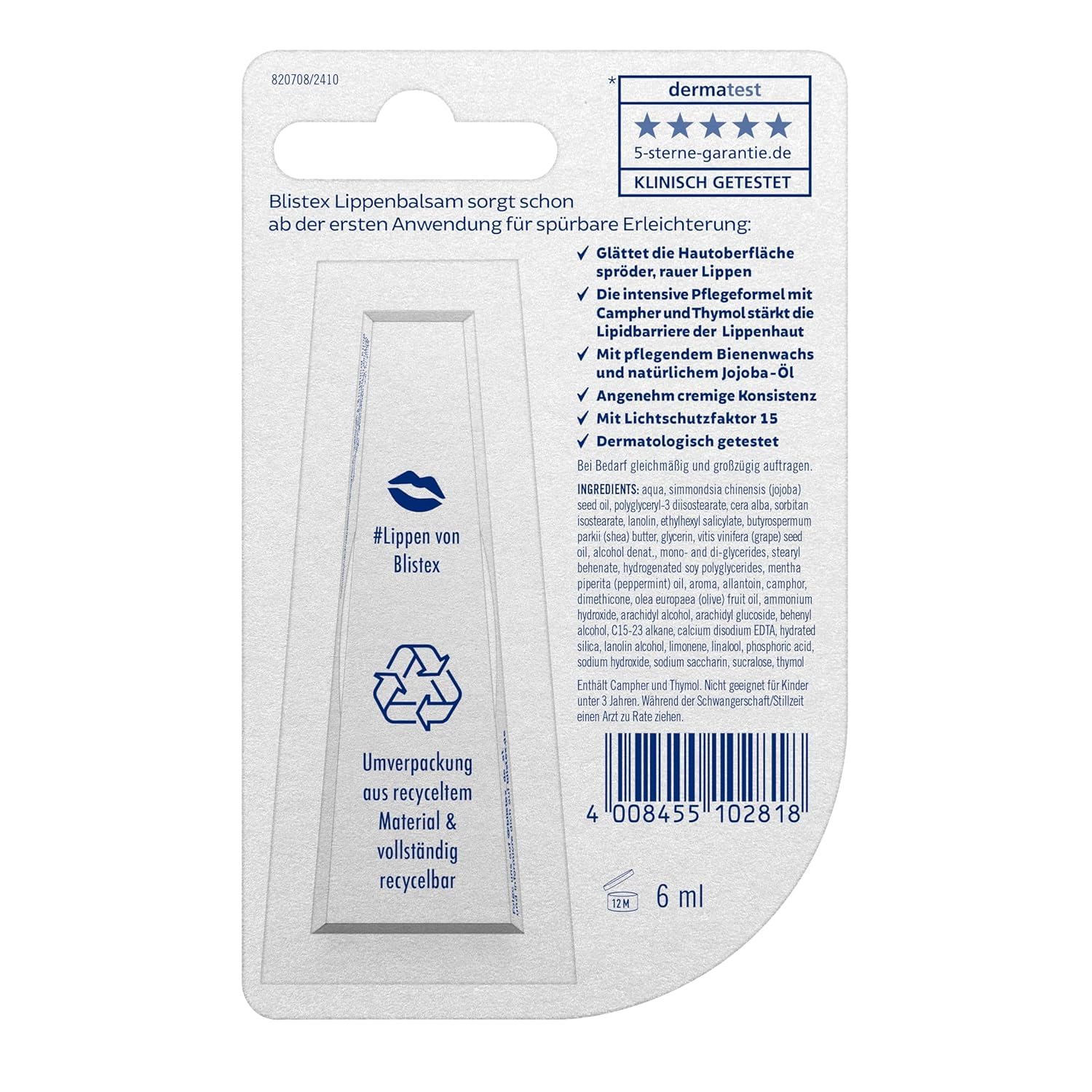 Blistex Balsamo per labbra Intensive Care, senza petrolati, da 6 ml, con SPF 15 (etichetta in lingua tedesca)
