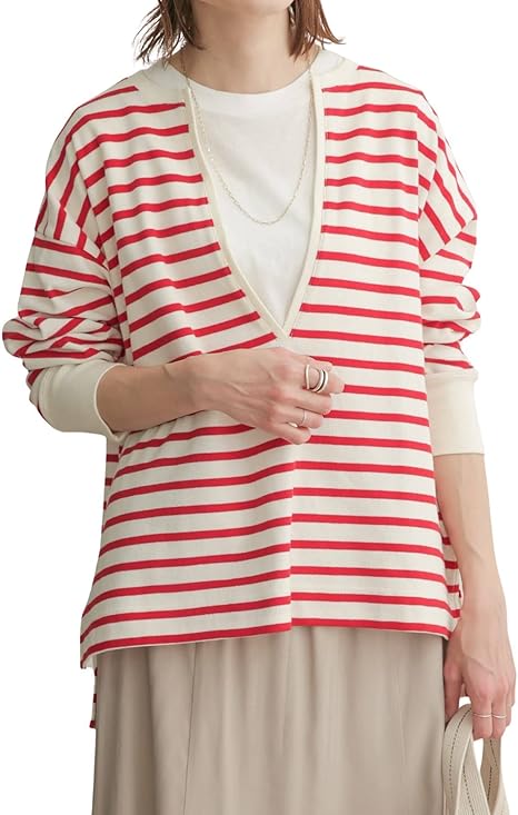 Amazon アーバンリサーチ ドアーズ Tシャツ 片畦ボーダーvネックプルオーバー レディース Dr24 21u101 Ivo Red 1 Tシャツ カットソー 通販