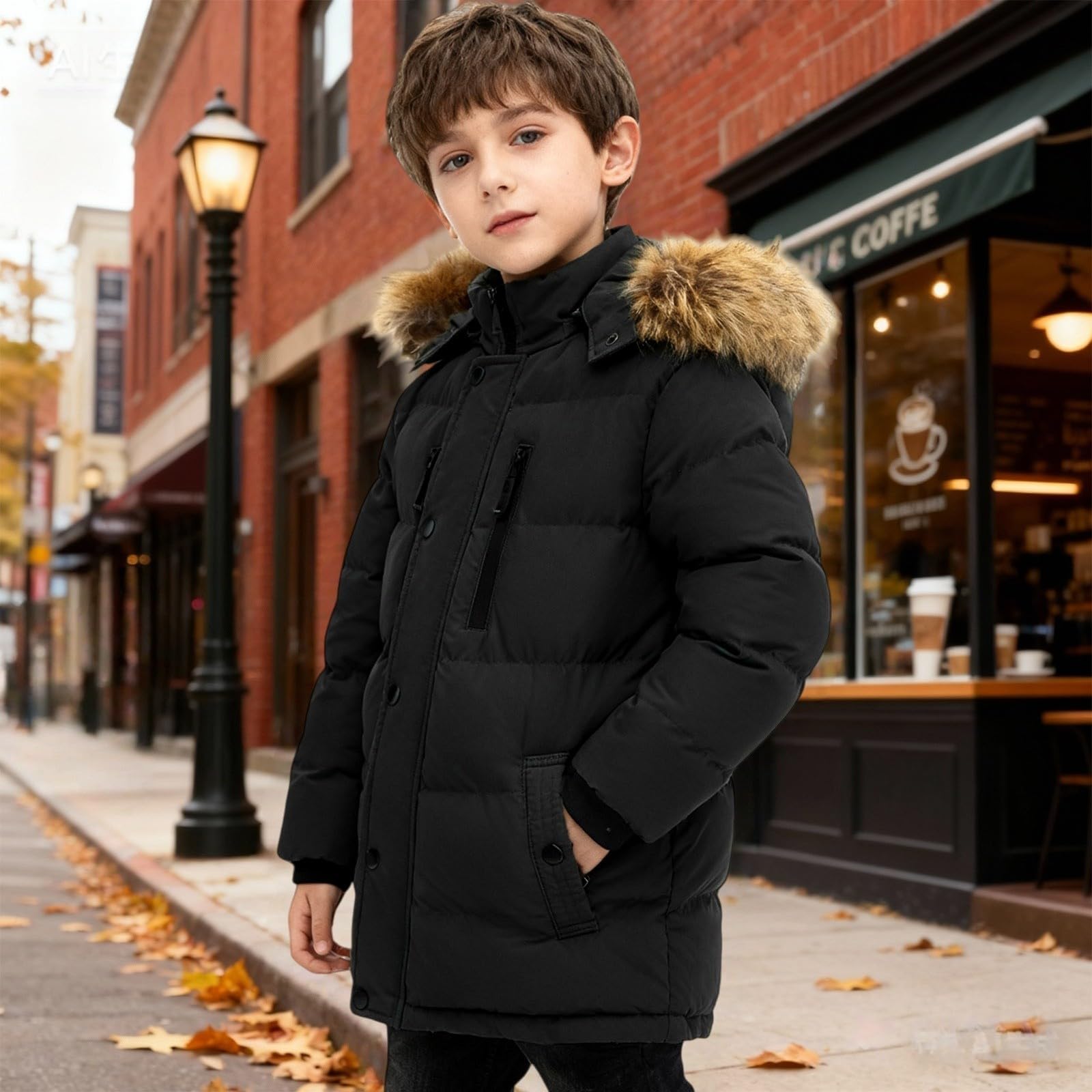 Piumino per bambini con cappuccio in pelliccia e tasche, tinta unita, giacca invernale, impermeabile, comodo, morbido, giacca a vento, giacca con cappuccio, leggera, alla moda, per attività all'aria