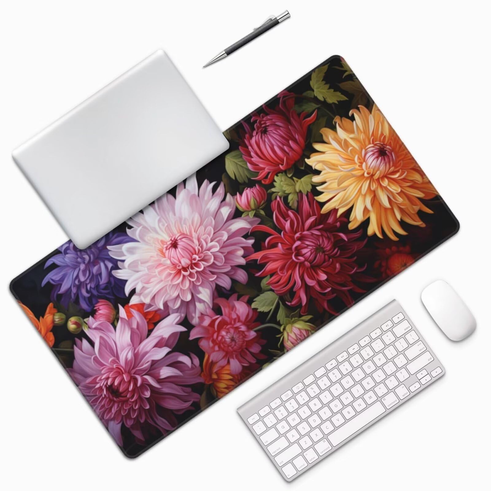 Gaming Mauspad XXL 1200x600x3mm Mousepad Verlängertes Groß Mauspad Schreibtischauflage,Genähte Kanten rutschfeste Gummibasis,Verbessert Präzision Geschwindigkeit Office Farbige Chrysanthemen L-2508