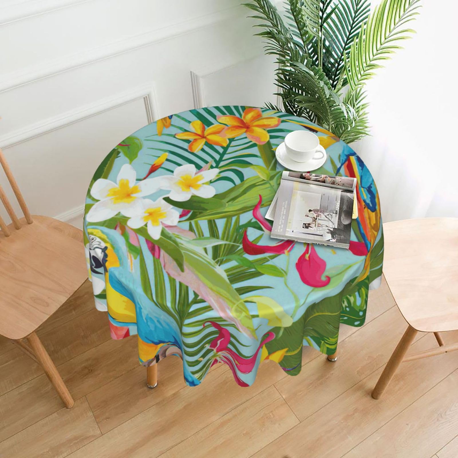 SDEGTHO Tropical plants and parrots Print Modern Retro Round Tablecloth 60in Polyester Fabric Cover for Party Dining Table Washable
