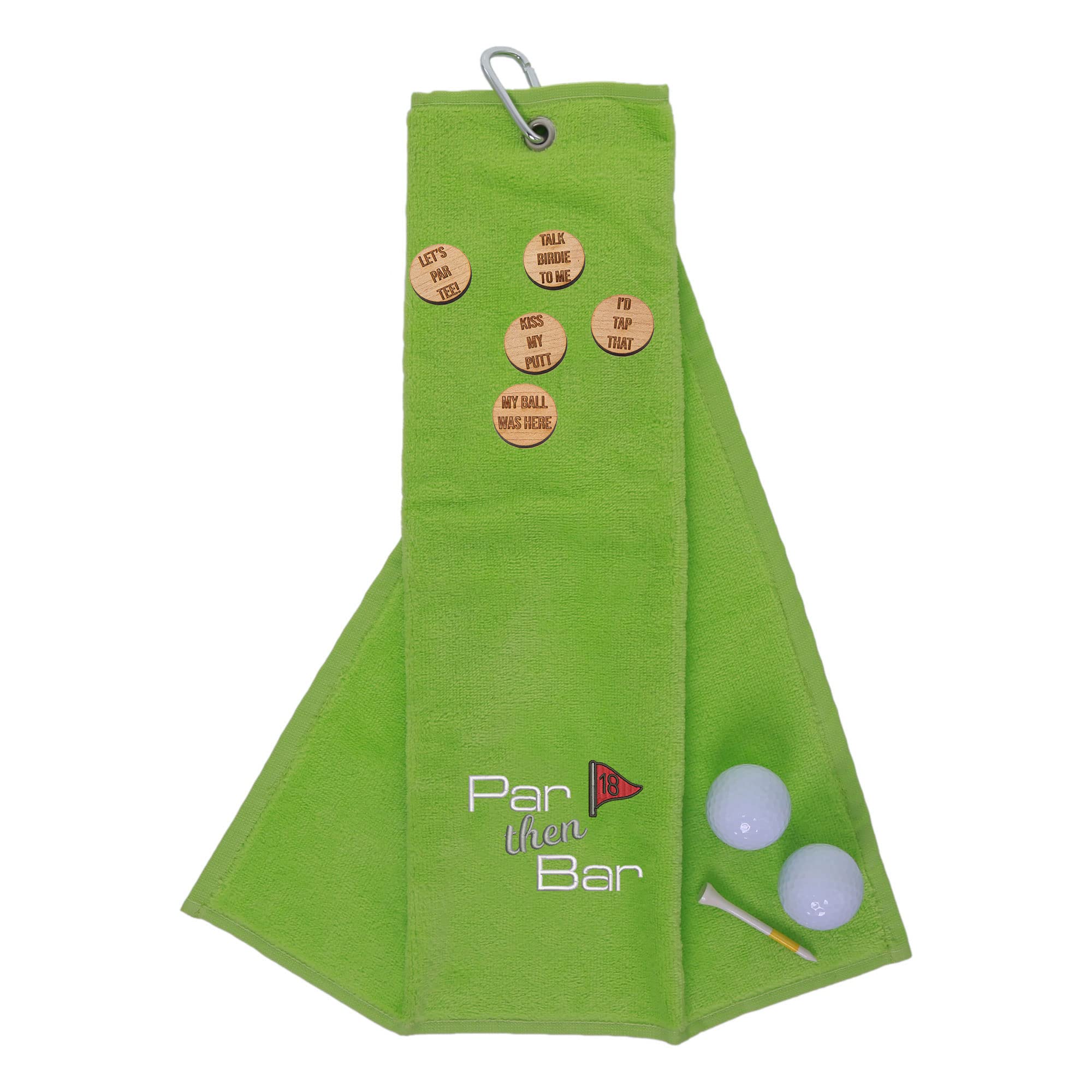 aztex Funny Trifold Golf Towel and Comedy Wooden Ball Marker Set Gift for Men, Carabiner Clip for Golf Bags, Par Then Bar, Lime Green