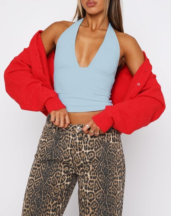 ForeFair Women Sexy Halter Deep V Neck Backless Crop Tank Top Open Back Sleeveless Slim Fit Y2k Summer Tops(Blue,XS) by ForeFair - Used condition - Image 4