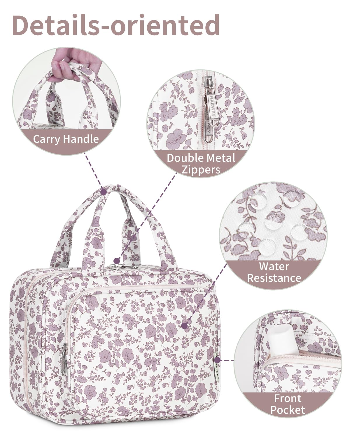 Narwey Hanging Travel Toiletry Bag for Women Wash Bag Cosmetics Makeup Bag Organizer for Travel Size Accessories (Little Dusty Pink Flower (Medium)) — view 7
