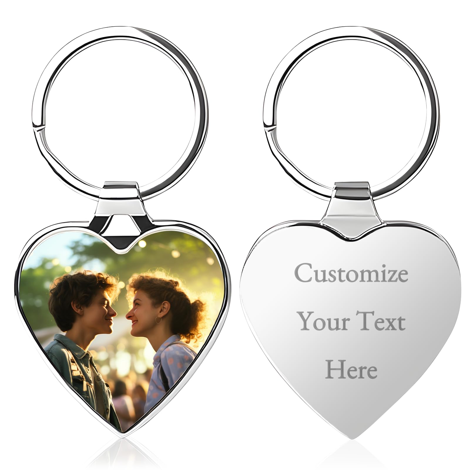 Bexoa Unisex Heart Personalised Keyring Photo & Text - Custom Keychain With Engraved Name Keyrings Customized Keychains With Picture Personalised Gifts For Men, Women, Dad And Mom (Heart)
