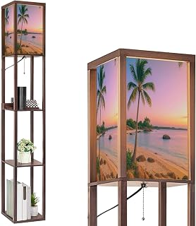 Floor Lamp with Shelves Palm Trees Beach Against Sky Sunset Standing Tall Lamp USB Ports & Power Outlet Modern Corner Lamp Nightstand Light for Living Room Bedroom