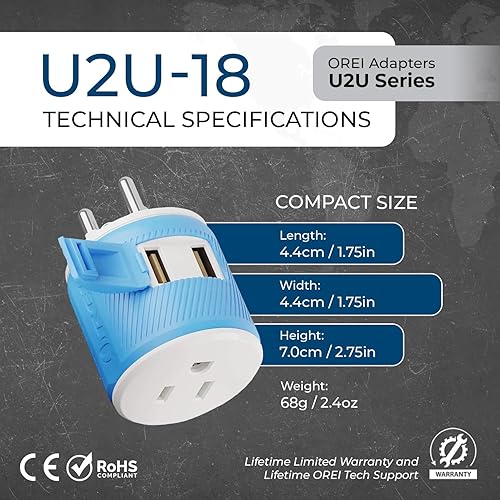 Miniatura 5 de OREI Adaptador de enchufe de viaje para Tailandia con USB dual, entrada de Estados Unidos, tipo O (U2U-18), funcionará con teléfonos celulares,