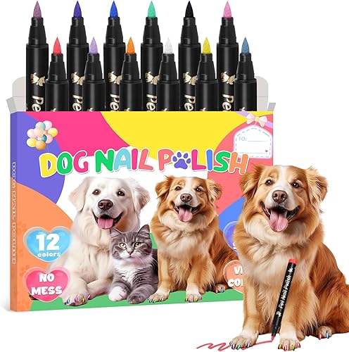 MSDADA Bolígrafos de esmalte de uñas para perros de secado rápido, juego de esmaltes de uñas de 12 colores para perros, seguro y sin olor, kit de