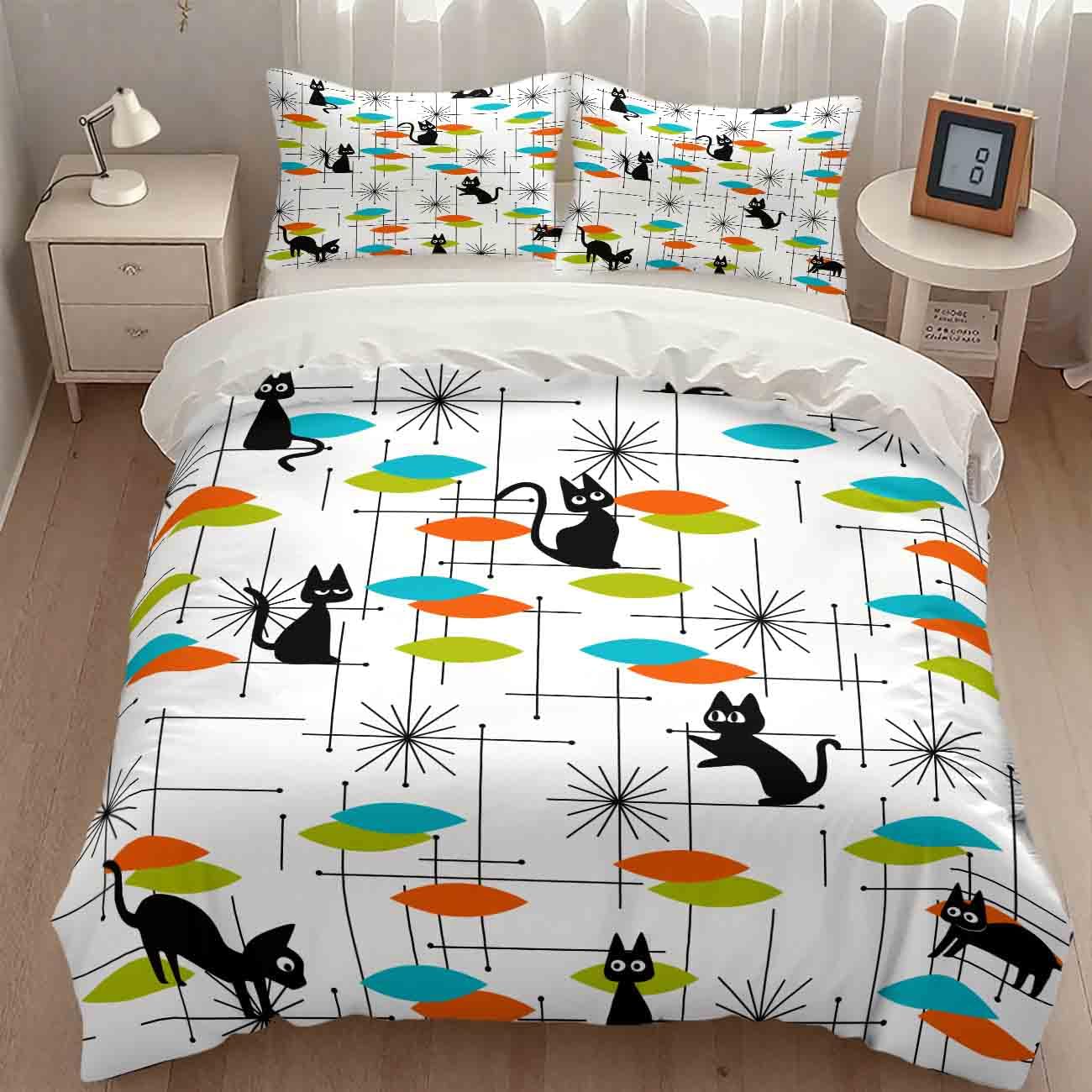 Mid Century Bedding Set,Retro Black Cat 1950s 1960s Abstract Atomic Colorful Geometric Pattern Modern Comforter Set with Pillowcase for Bedroom Bed Decor,Full 79"x90"