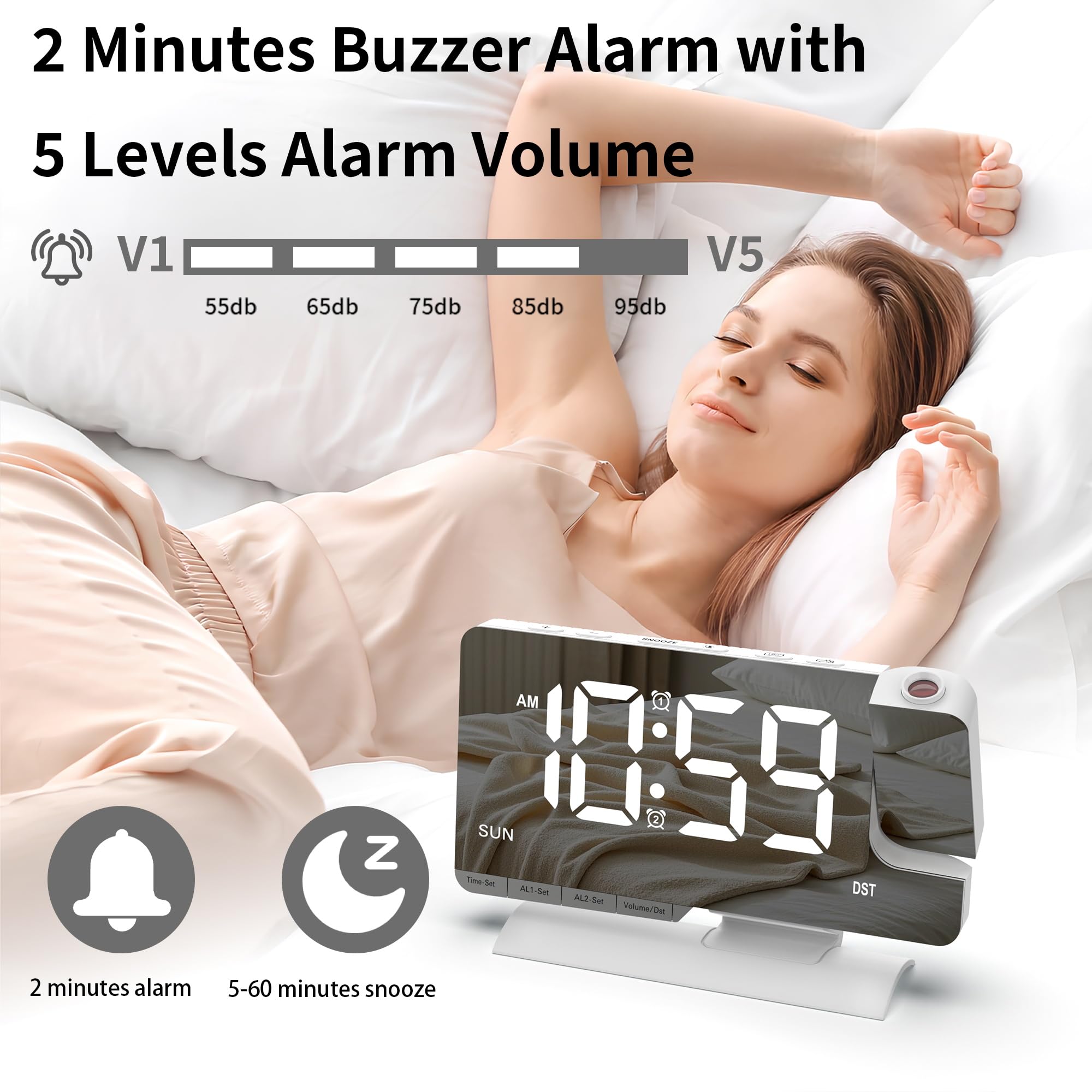 GAESHOW Sveglia con Proiettore Soffitto con Schermo a Specchio da 7,5 Pollici e 6 Livelli di Luminosità, Sveglia da Comodino Rotante 180°, Doppio Allarme, Snooze, Porte USB/Type-C, 5 Livelli di Volume