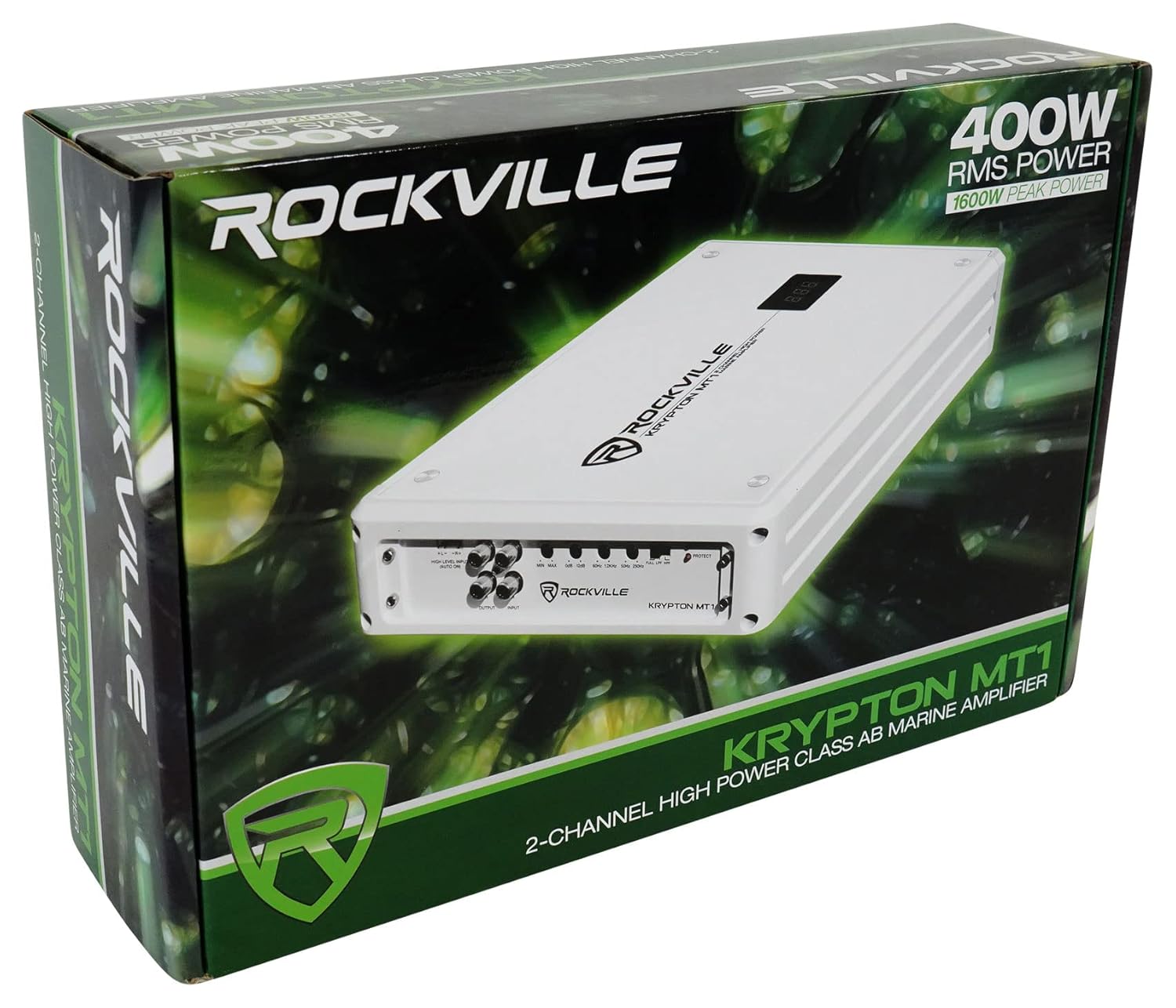 Rockville Krypton MT1 Bundle: 1600-Watt 2-Channel Marine Amplifier with Volt Meter, RMWK4 4 AWG Waterproof Amp Install Kit, 2-Items