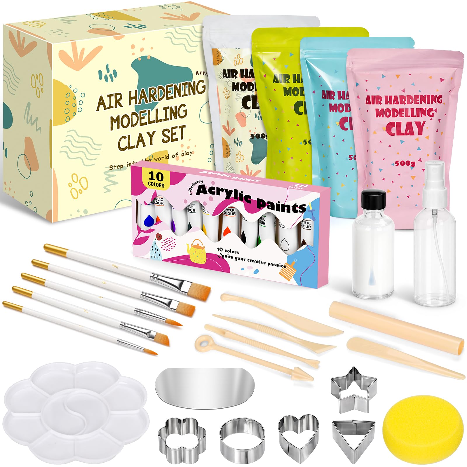 Töpferset für Zuhause für Anfänger 36 Teiliges, 2kg Lufttrocknender Ton, mit Glanzlack, Farbe, Werkzeugset, Pinsel, Schwamm, Töpfern ohne Brennen, für Erwachsene und Kinder für Kreative Projekte