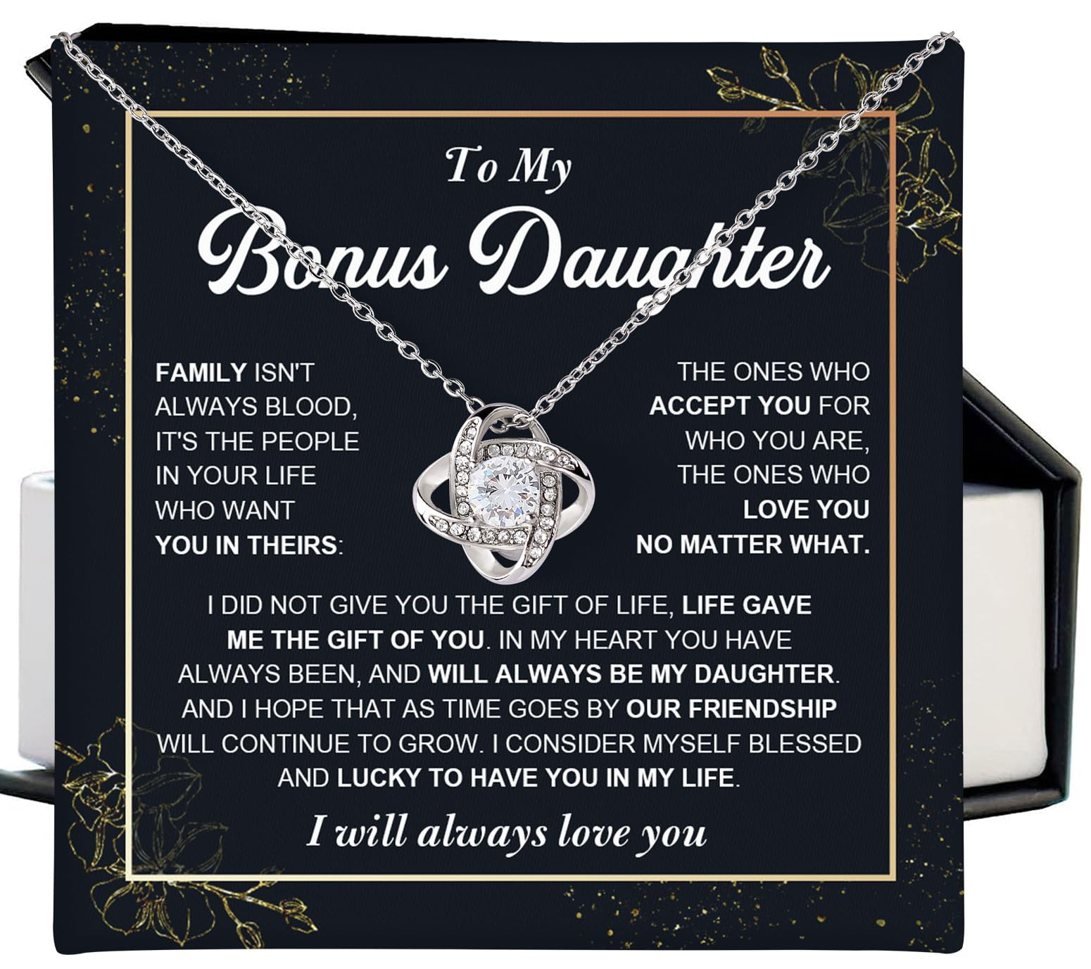 To My Bonus Daughter Necklace, Bonus Daughter Gifts From Stepdad, Love Knot Necklace For Bonus Daughter From Stepmom, Daughter Gifts From Step Mother, Birthday, Christmas Gifts For Bonus Daughter
