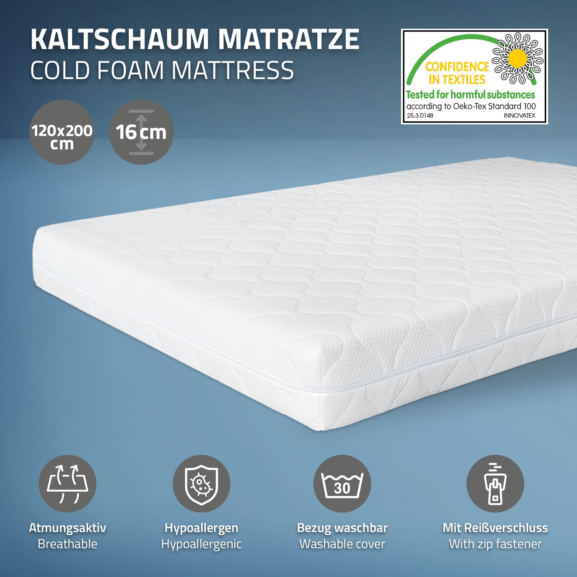 ML-Design Matelas Enfant Orthopédique 120x200 cm 7 Zones Mousse Froid Certifié Oeko Tex Housse Amovible Lavable Hypoallergénique 23 kg/m³