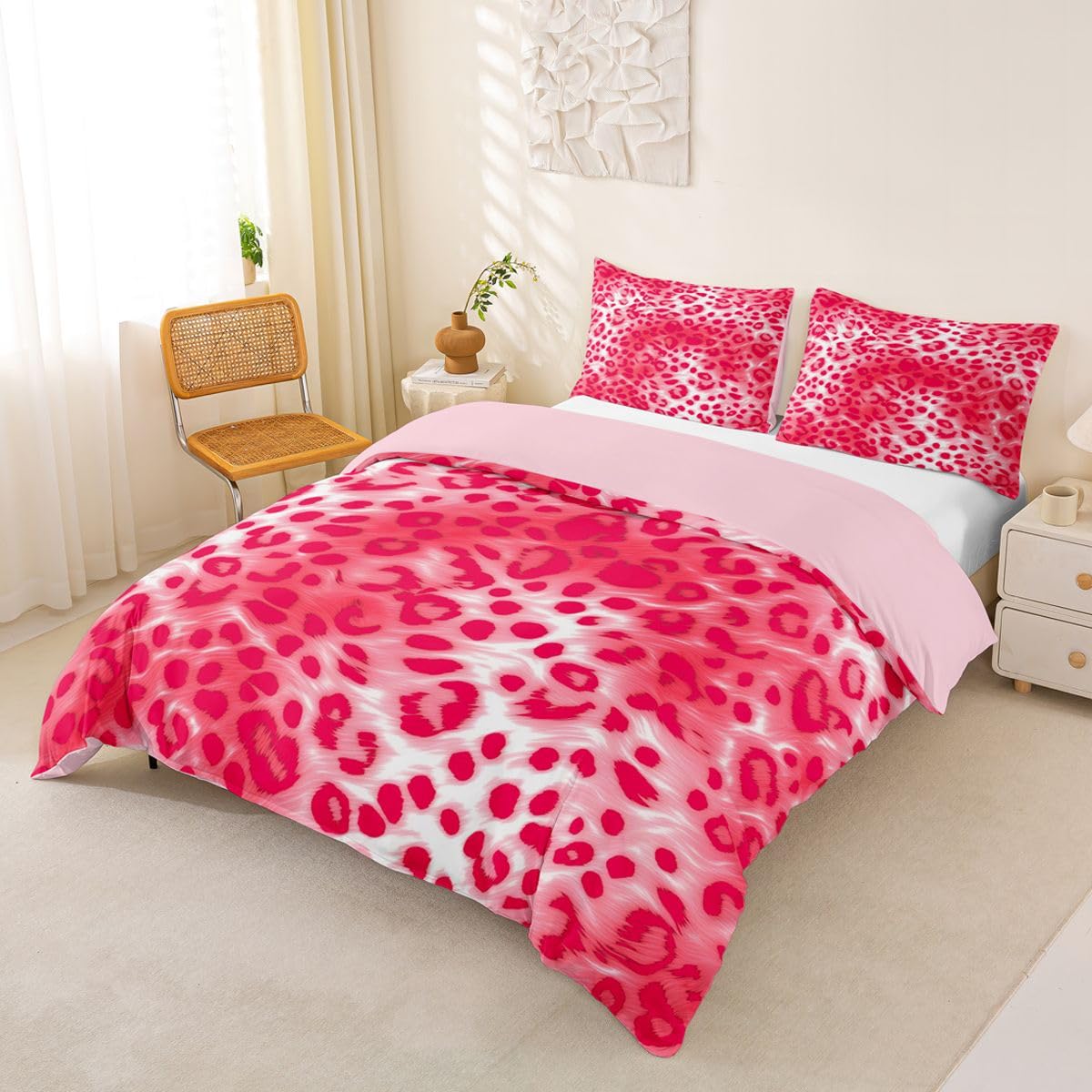 Homemissing Bright Pink Leopard Duvet Cover Cot Size Animal Print Comforter Cover for Boys Girls Cheetah Bedding Set 2Pcs Modern Ombre Effects Room Decor Safari โ image 1