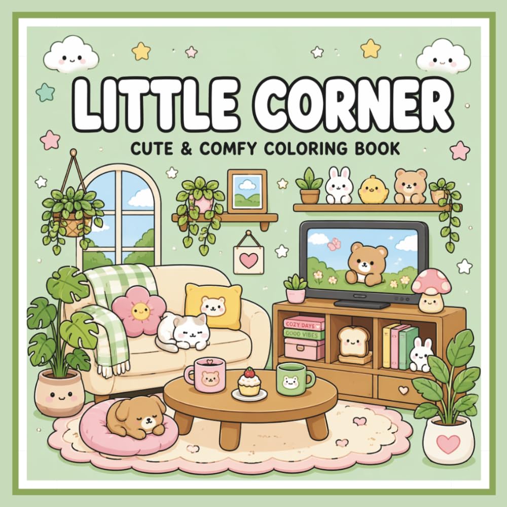 Angolo Cozy Kawaii: Libro da colorare antistress con stanze accoglienti, ambienti adorabili, piante, libri, dettagli cute e atmosfere rilassanti