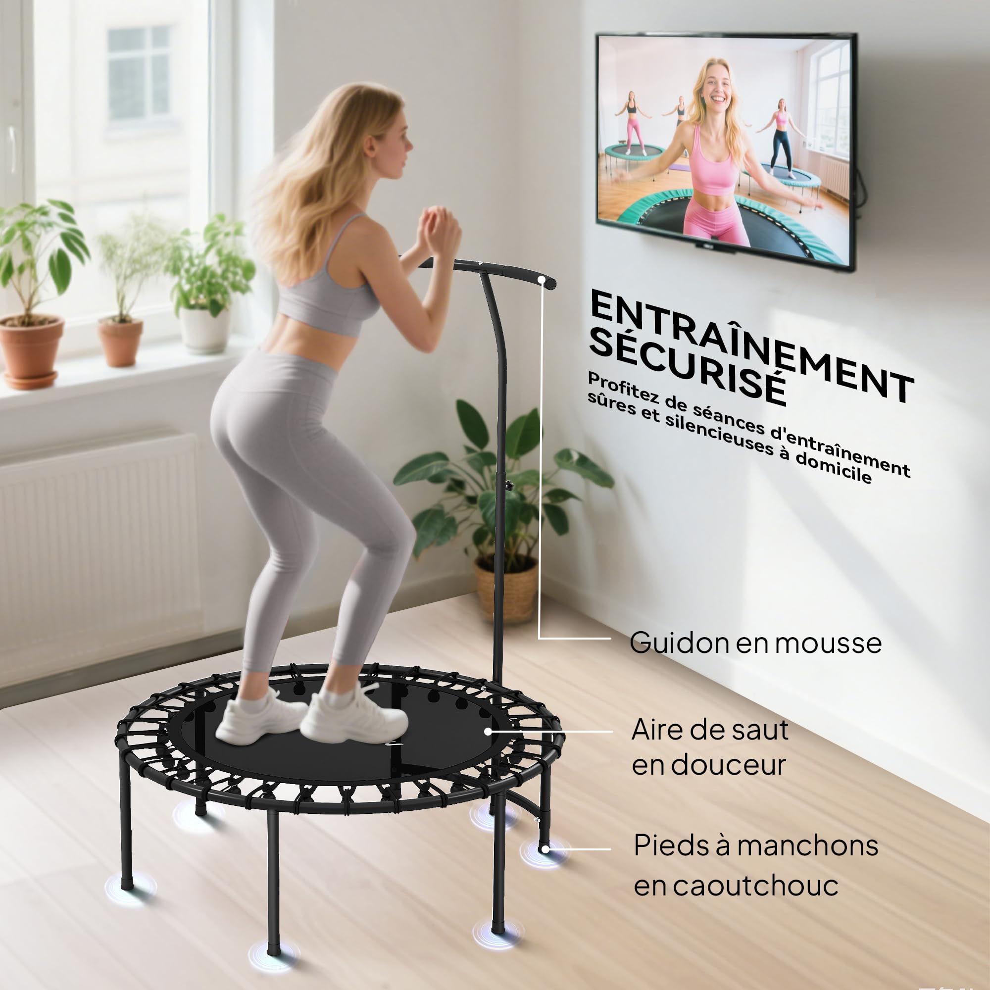 SPORTNOW Trampoline de Fitness 102 cm, Cordes Élastiques, Poignée Réglable 5 Positions, Capacité 100 kg, Cadre en Acier, Trampoline d'exercice pour Gymnastique, Entraînement, Noir