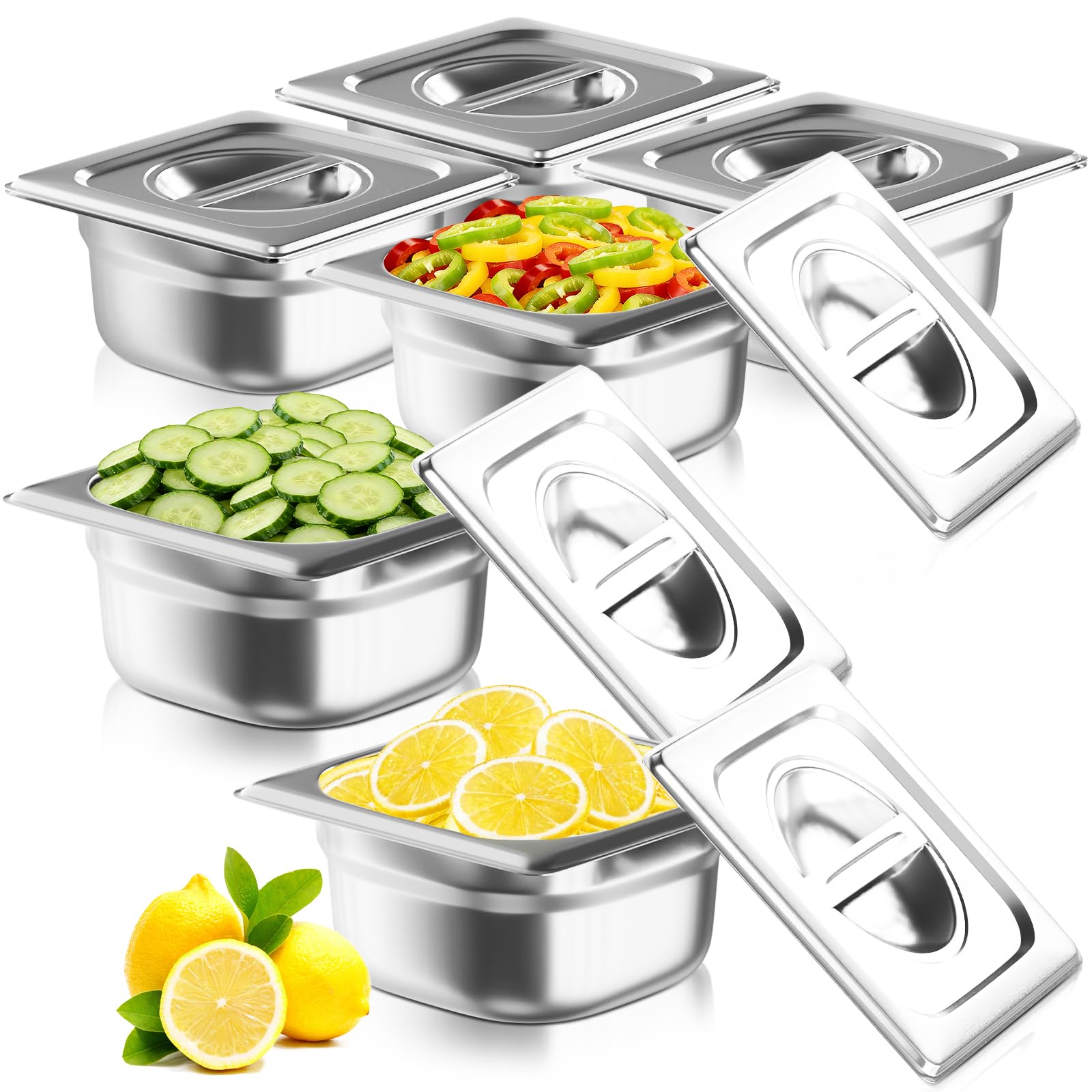 Photo 1 of 1/6 Size Hotel Pans with Lids | 4" Deep (6 Pack) | Anti-Jam Lug