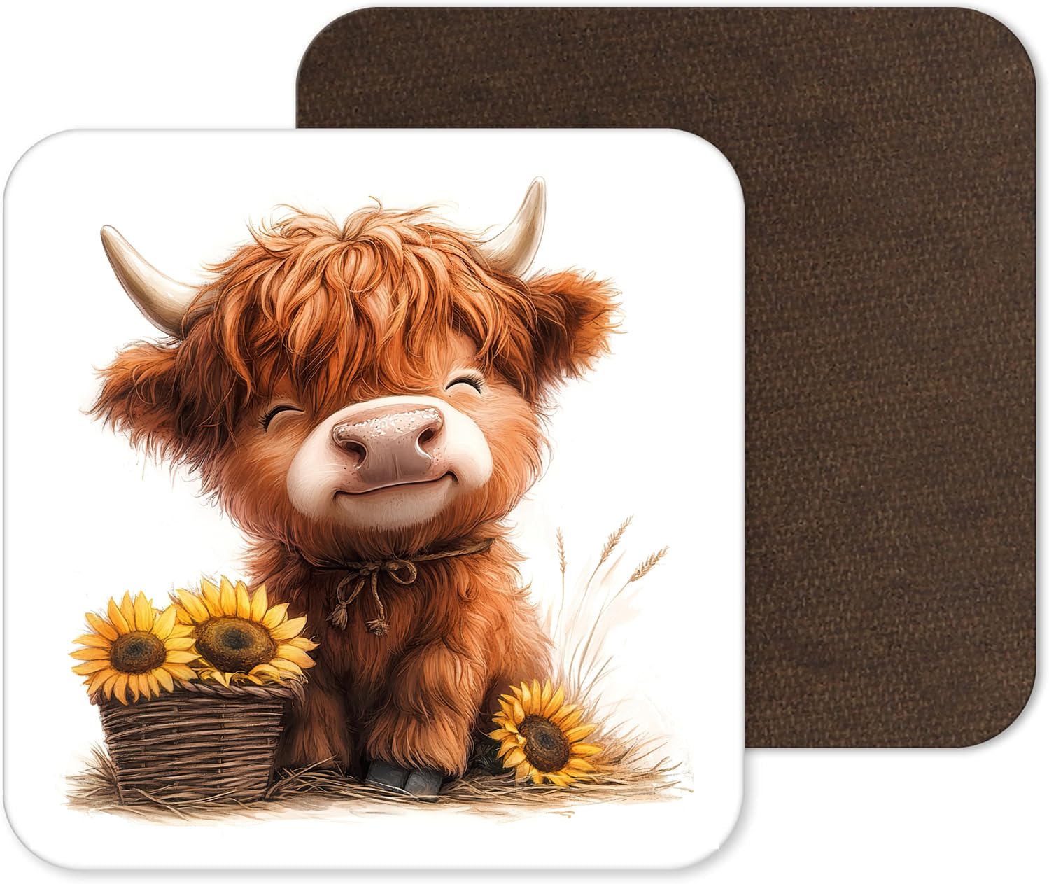 Funny and Cute Highland Cow Coasters - 25 Designs - Funny Retro Square Wooden Coaster (Design 13)