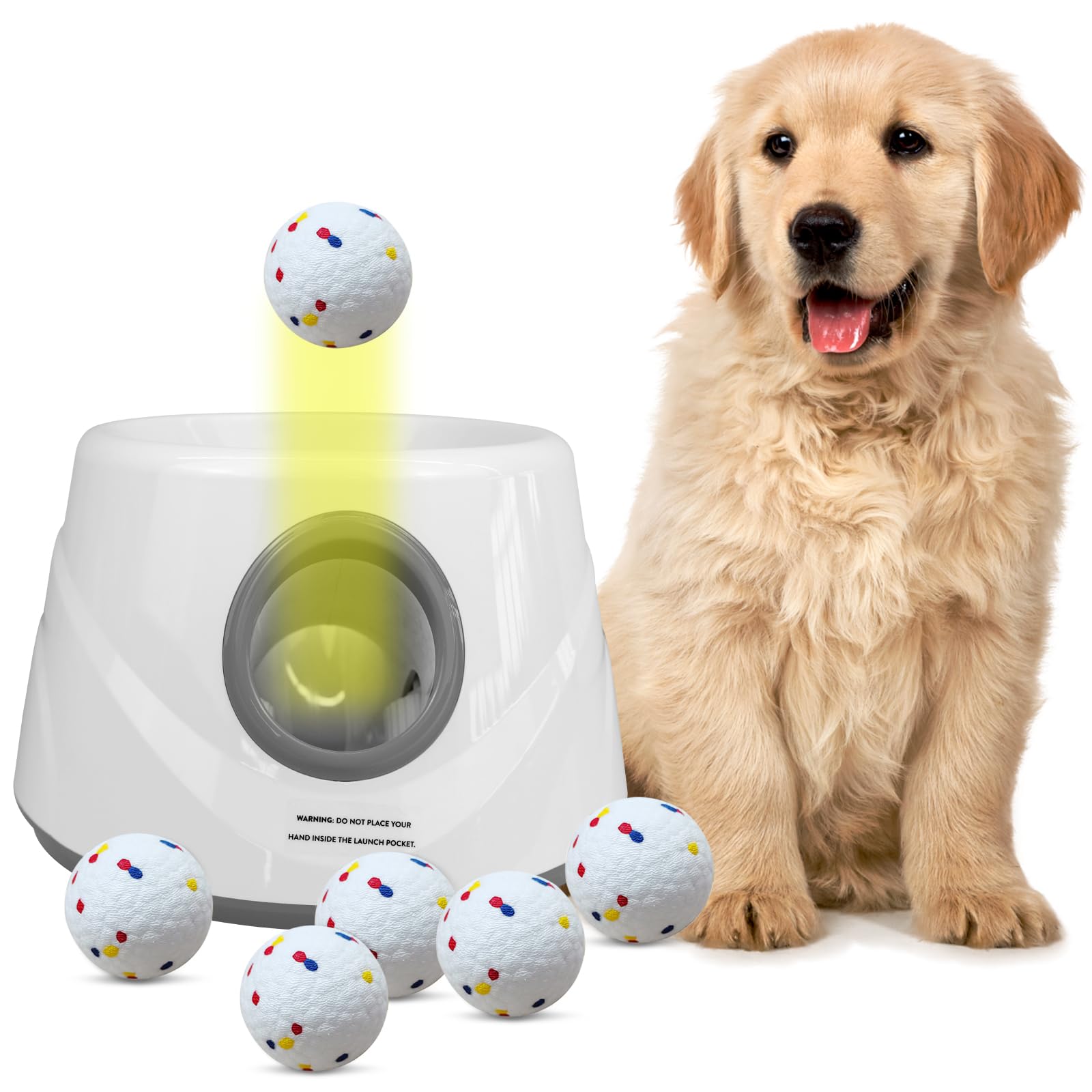 Automatic Ball Launcher for Dogs with 6 ETPU Balls, White, Adjustable Distance 20-45ft, USB Rechargeable, Interactive Dog Toy (Gary)