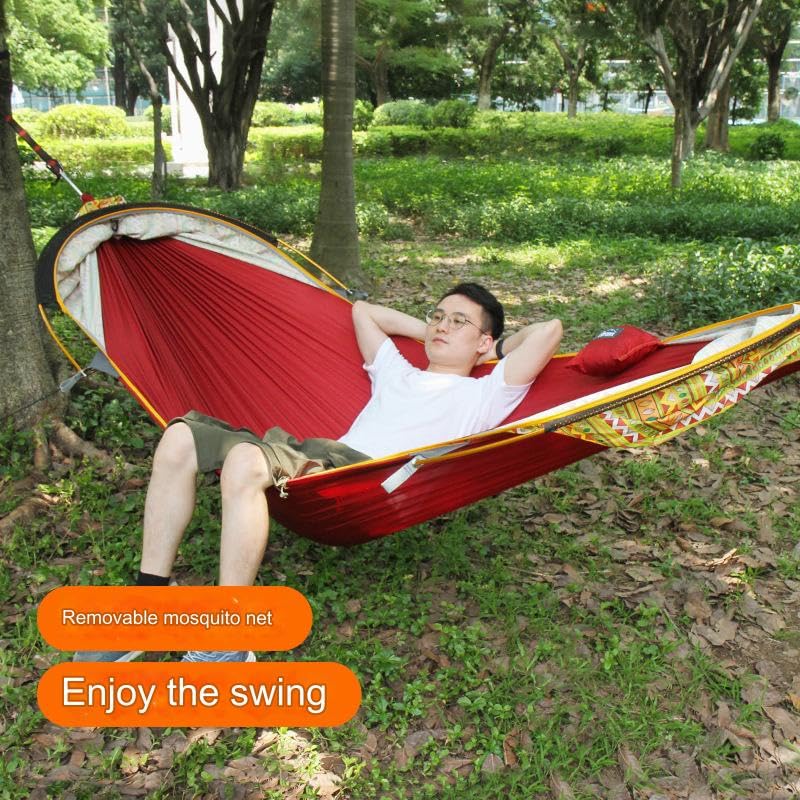 Hamaca de camping al aire libre con mosquitera, diseño antivuelco, tela de paracaídas, ligera y portátil para viajes y uso en el patio trasero
