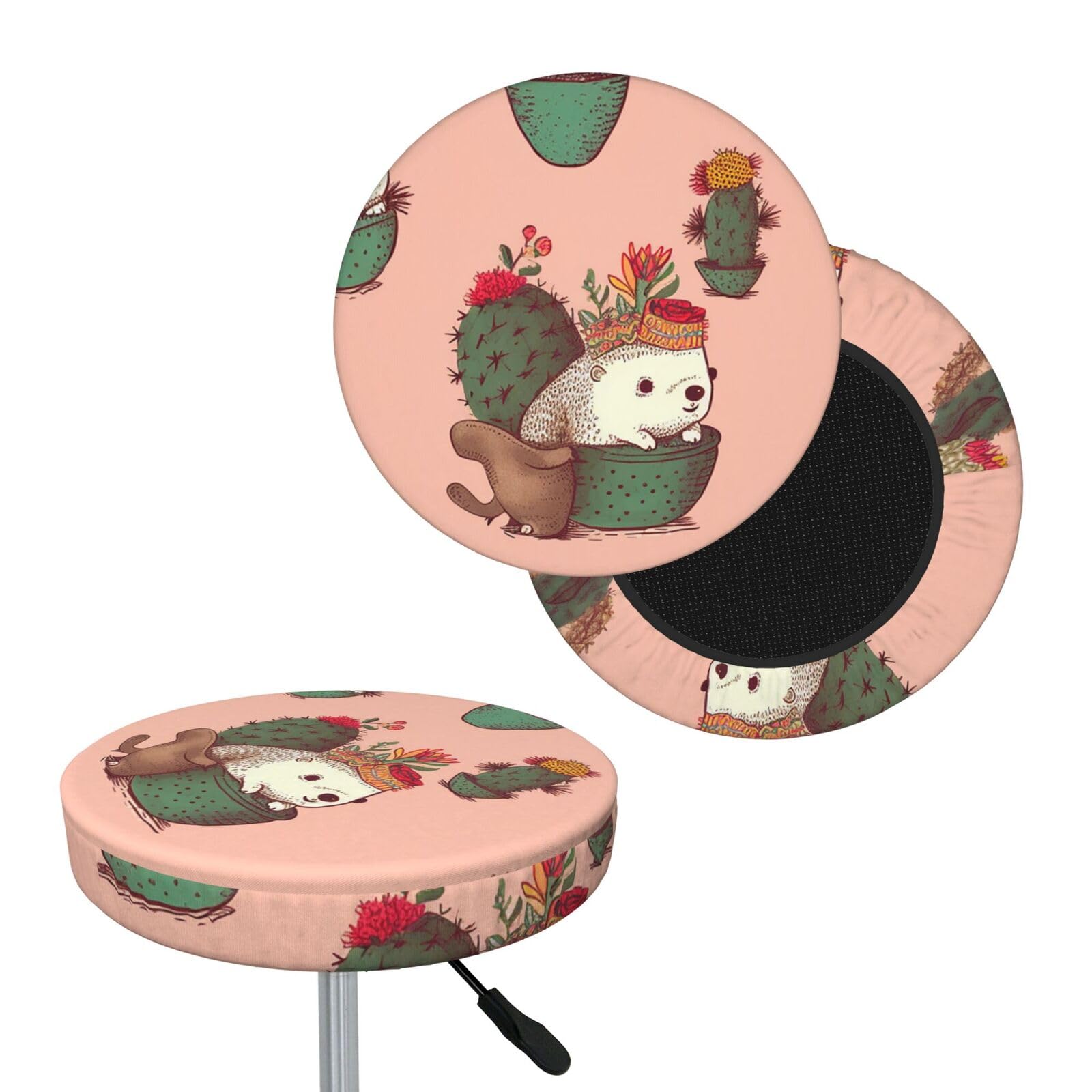 NONHAI Hedgehog and Cactus Bar Stool Cover Round Elastic Stool Cushion Covers Dustproof Bar Chair Cover Washable Stool Cushion Slipcover Stretch Stool Seat Covers for 12-14 Inch Chair