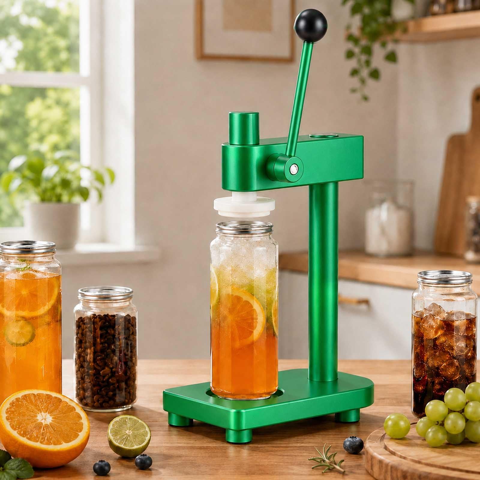 aromaoveite Manual Can Sealer Machine With 100 Pet Bottles, Aluminum Alloy Hand Can Sealing Machine For 2.2" Cans, Adjustable Manual Soda Can Sealer For Beer, Soda, Juice,Coffee Green