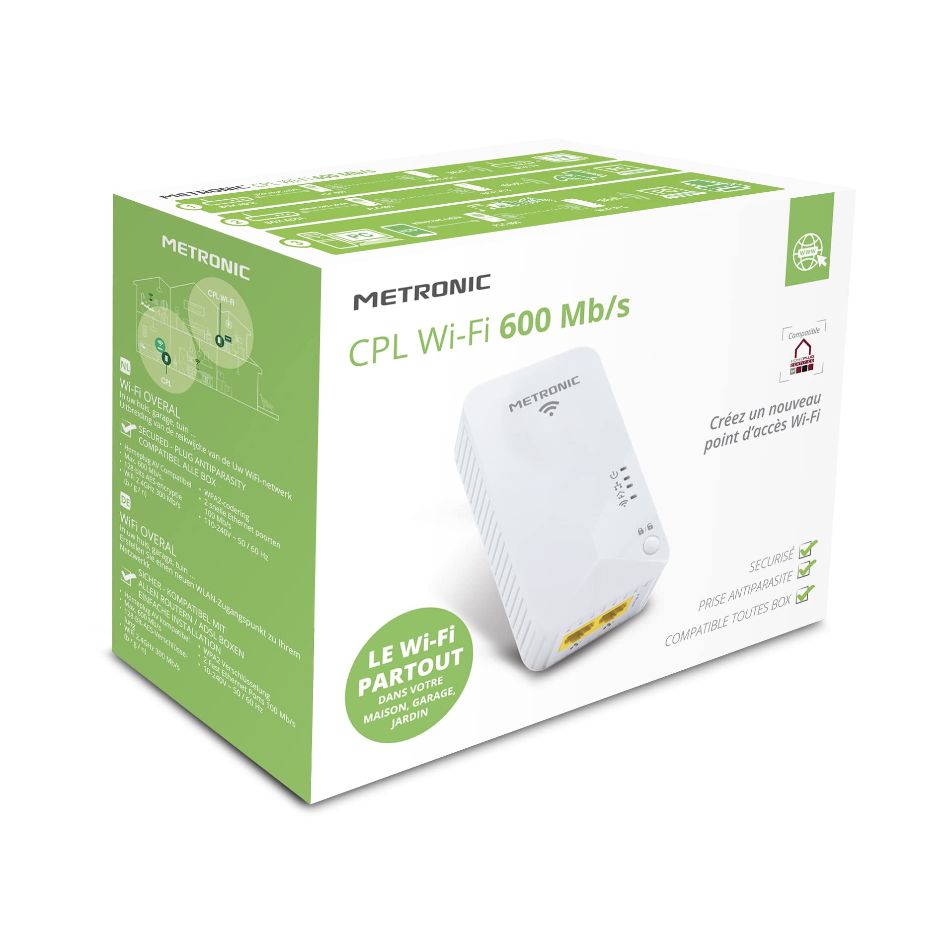 Metronic 495468 - Toma CPL Wi-FI (600 MB/s, 2 Puertos Fast Ethernet 100 MB/s, Color Blanco