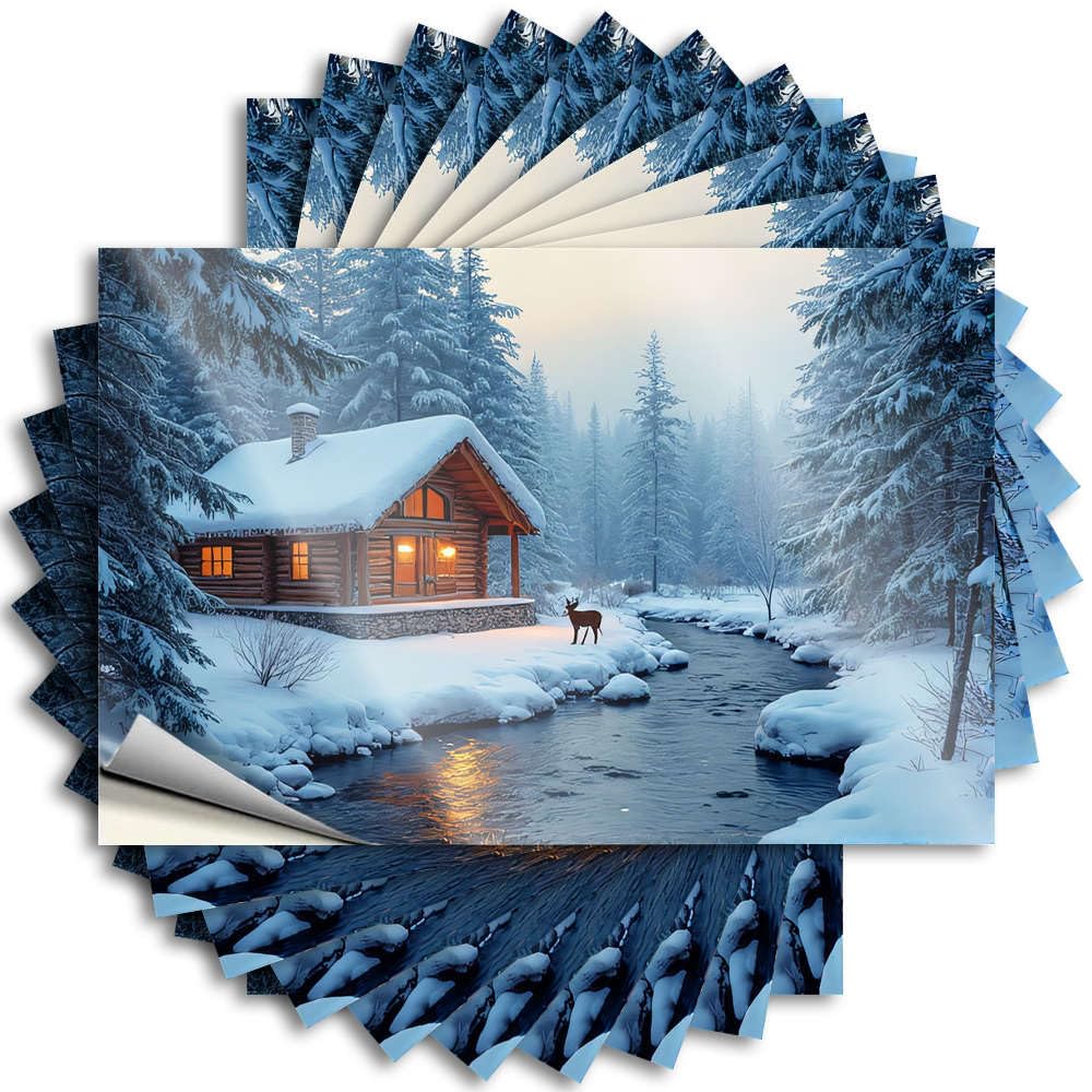 Snowy Cabin By The River with Deer Quote Dorm Decorations Self Adhesive | Plastic Bottle Vinyl Sticker Pack for Items(12X18CM)