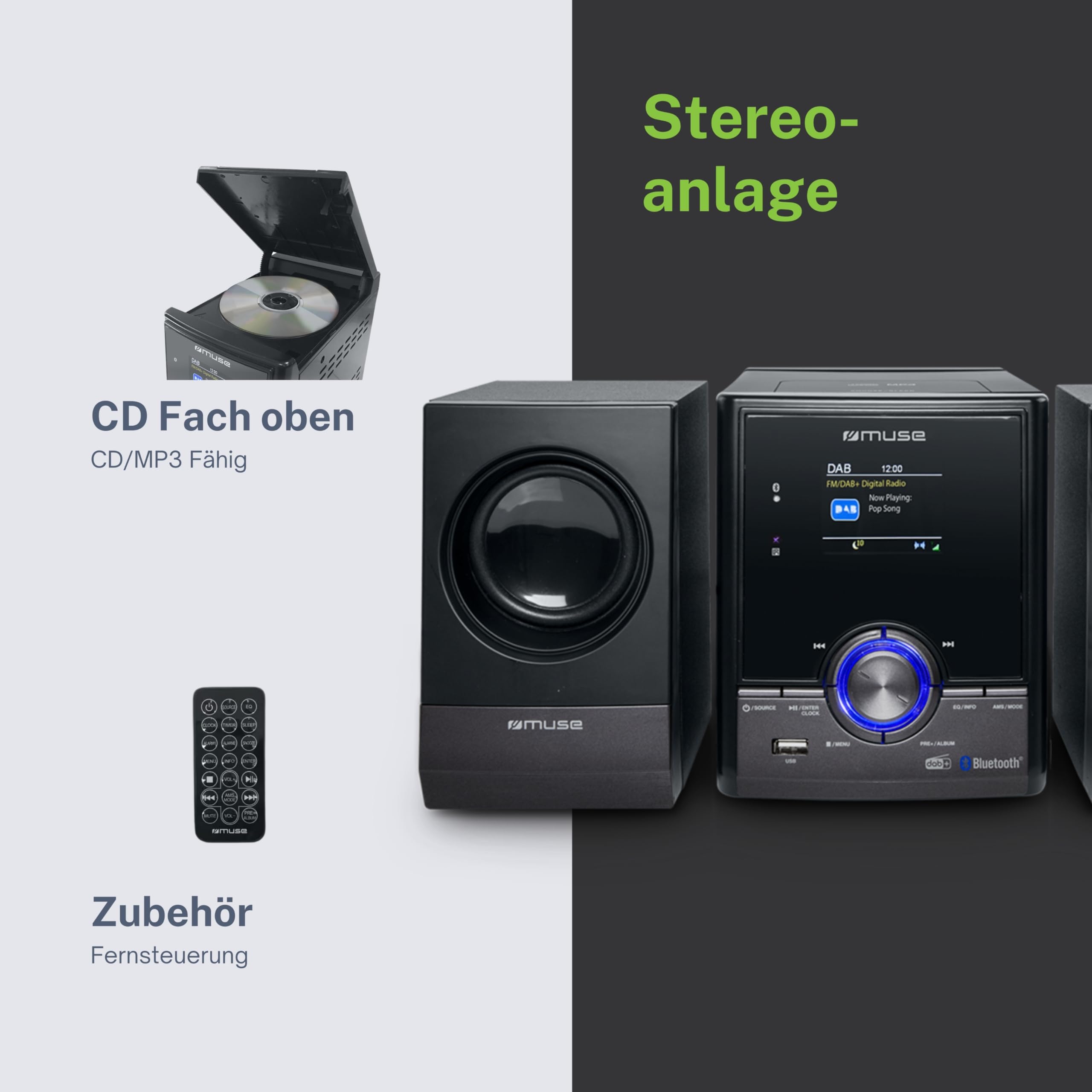 MUSE Stereoanlage, Kompaktanlage mit CD-Player & DAB Radio, Mini Stereoanlage mit 2 Lautsprecher, Musikanlage mit FM/DAB+ Digital-Radio, Bluetooth & AUX, MP3 & Spotify, Musik-Anlage Kompakt