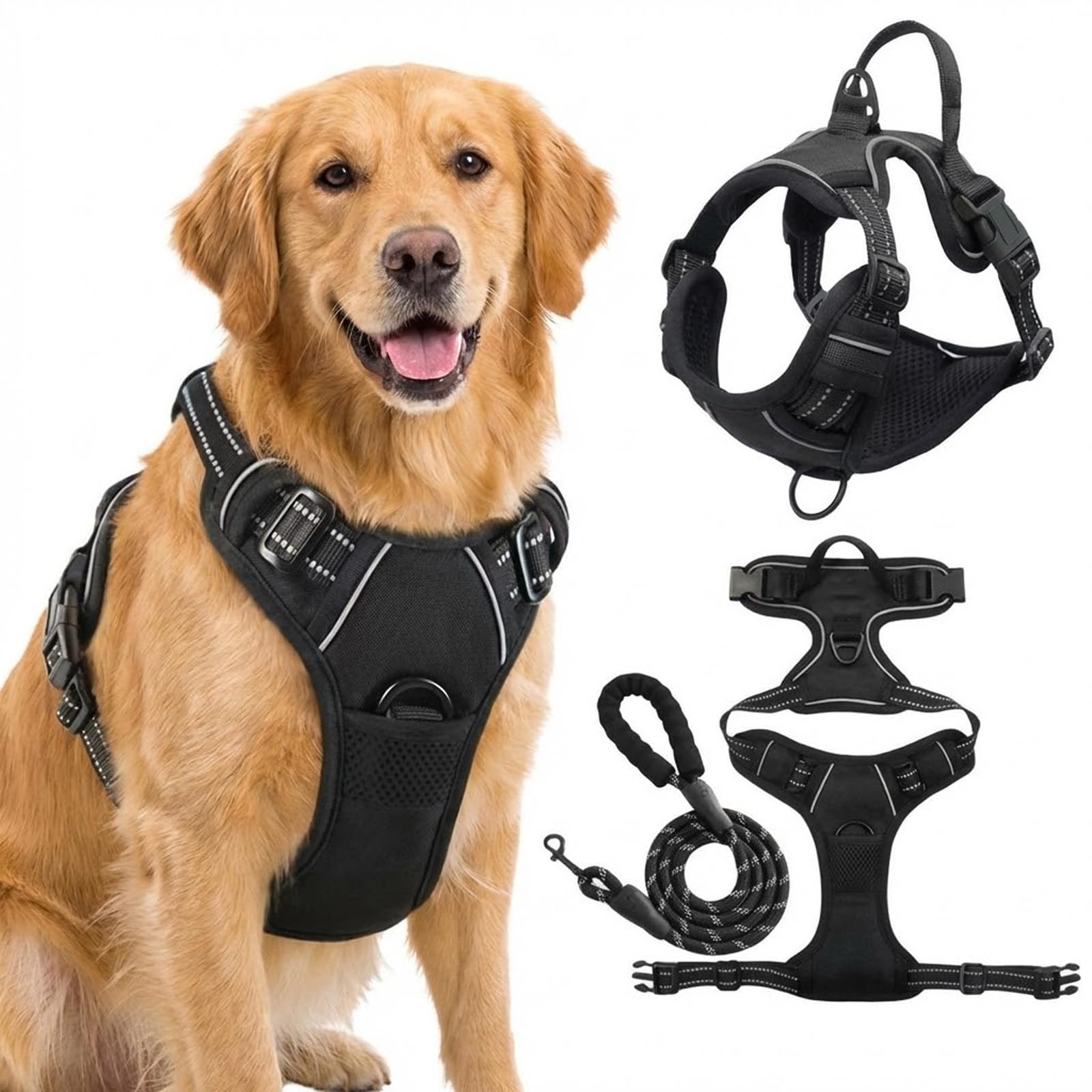 Harnais Elyo Anti Traction pour Chien – Harnais Réglable et Respirant avec Double Attache Avant et Arrière, Bandes Réfléchissantes et Poignée de Contrôle pour Promenades Quotidiennes (L)