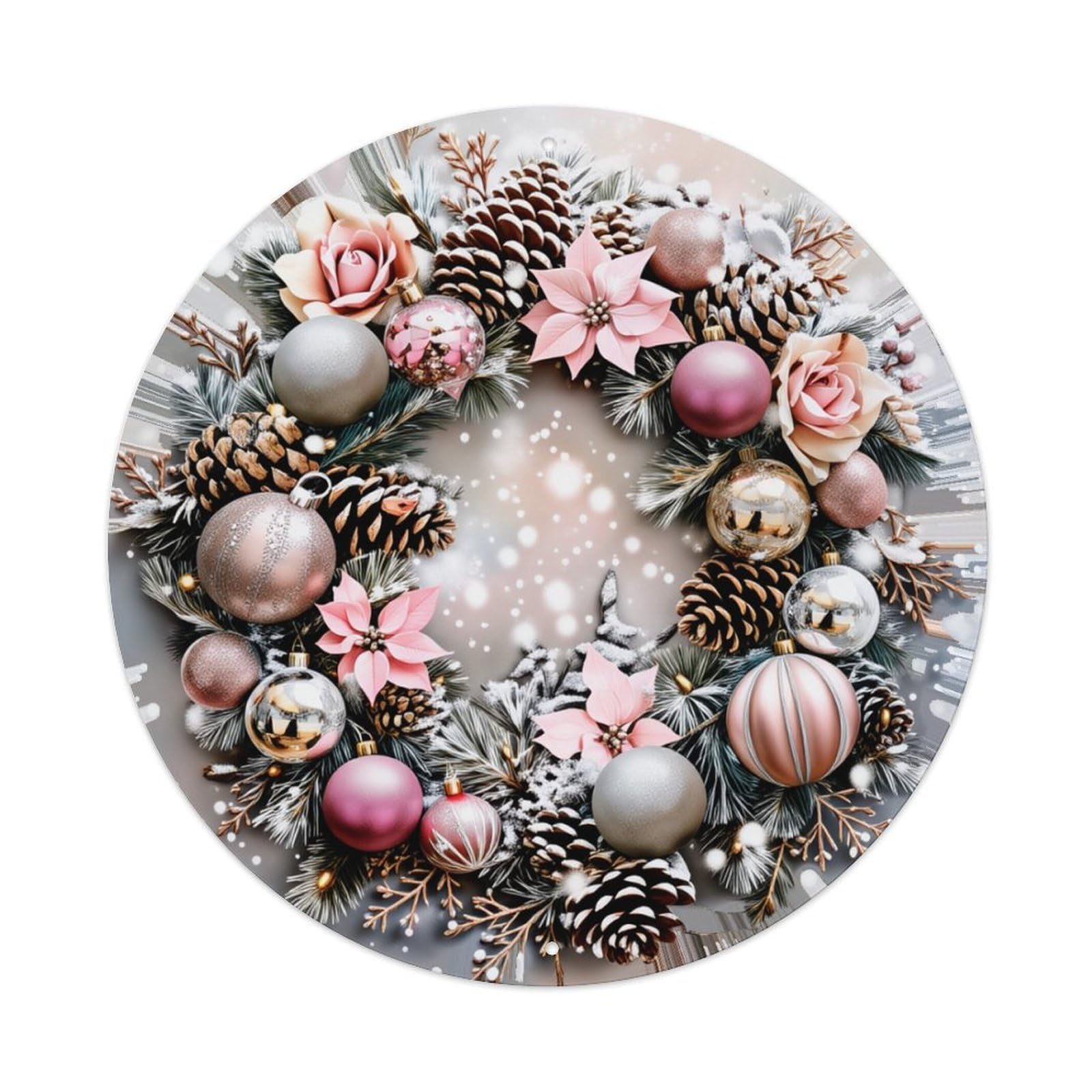 Floral Pinecone Ornament Wreath Design Round Tin Sign Retro Metal Sign for Cafe Bar Pub Home Game Room Gym Club Wall Decoration Vintage Metal Poster 8x8 Inch