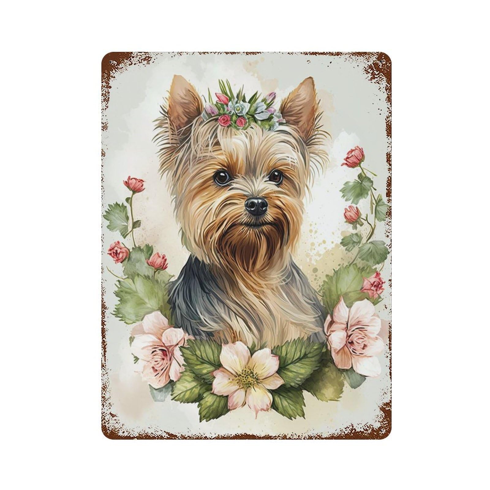 Rust Effect Yorkshire Terrier Floral Rusty Metal Tin Sign 15.7"x11.8", Rustic Home Decor for Bistro, Counter And Cafe Decor